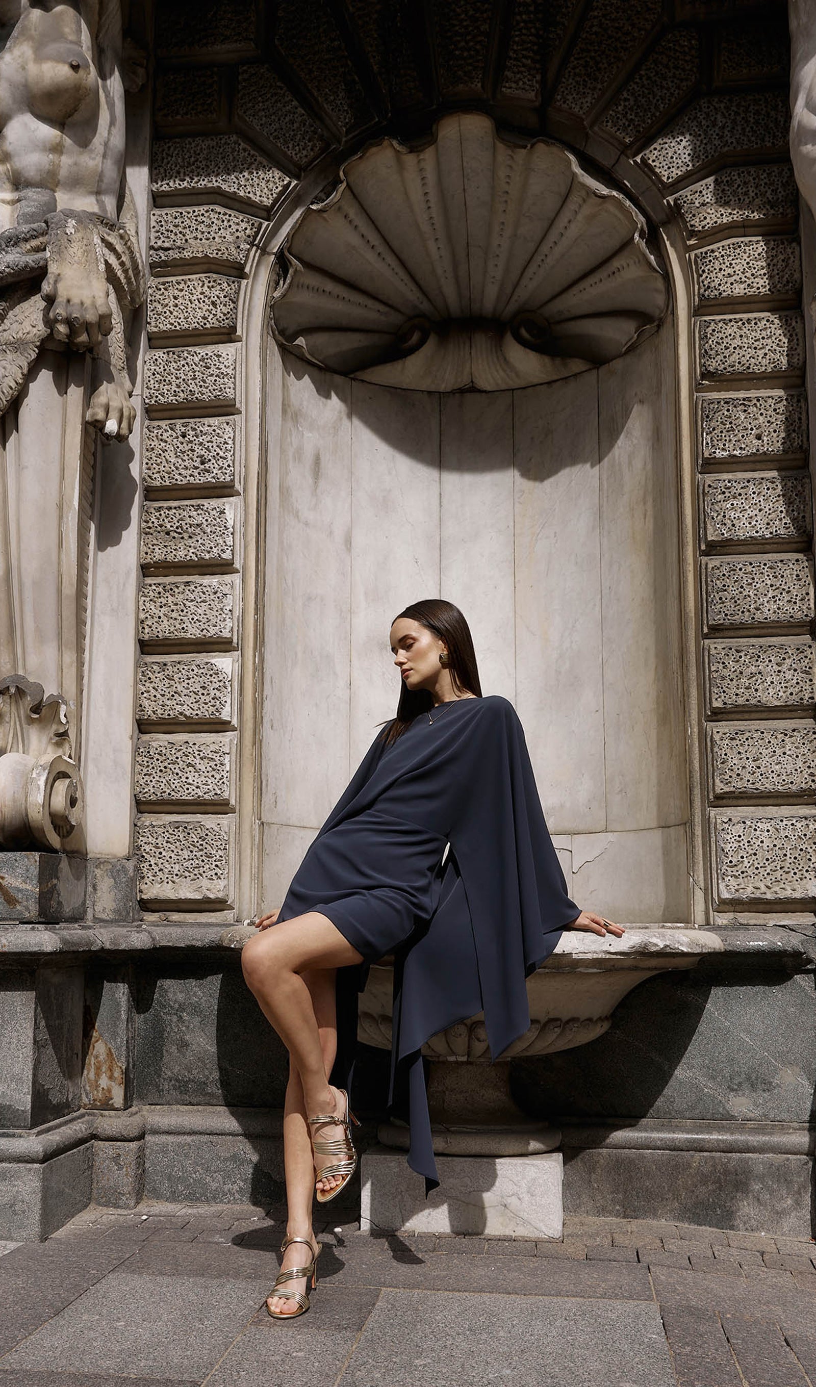 Mini Dress With Flowing Cape In Navy