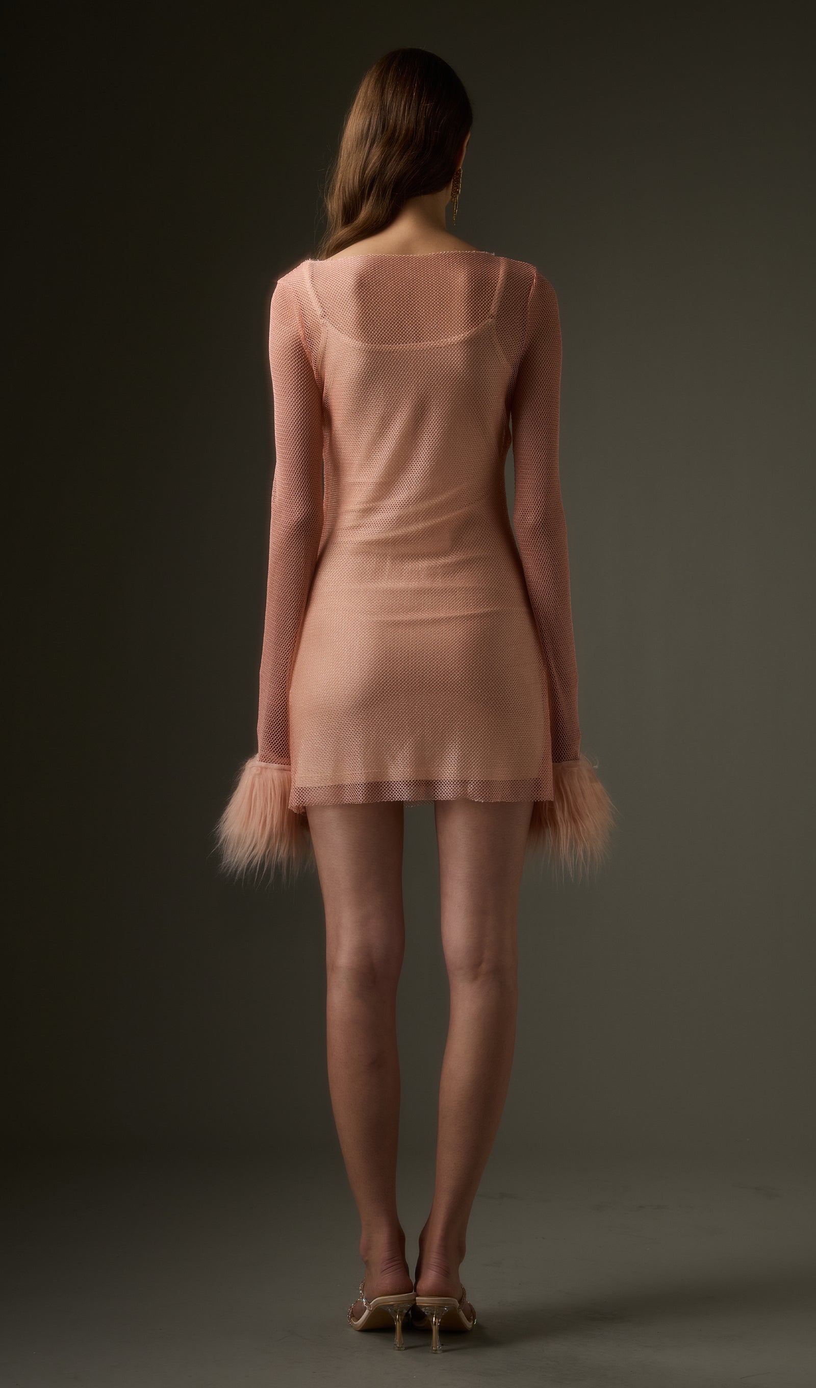 Sheer Rhinestone Mini Dress in Pink