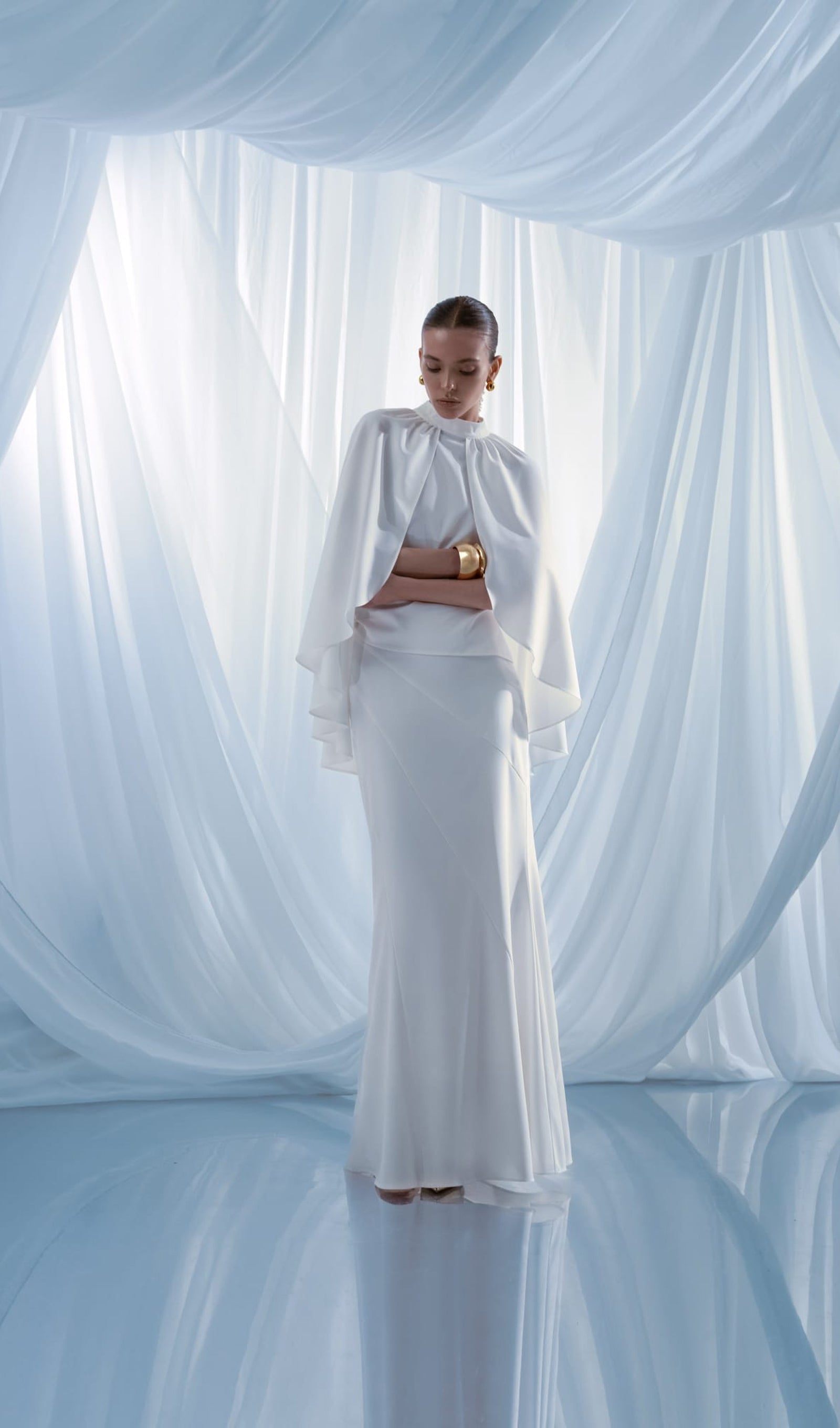 Blouse With Tonal Cape And Flared Maxi Skirt Sets