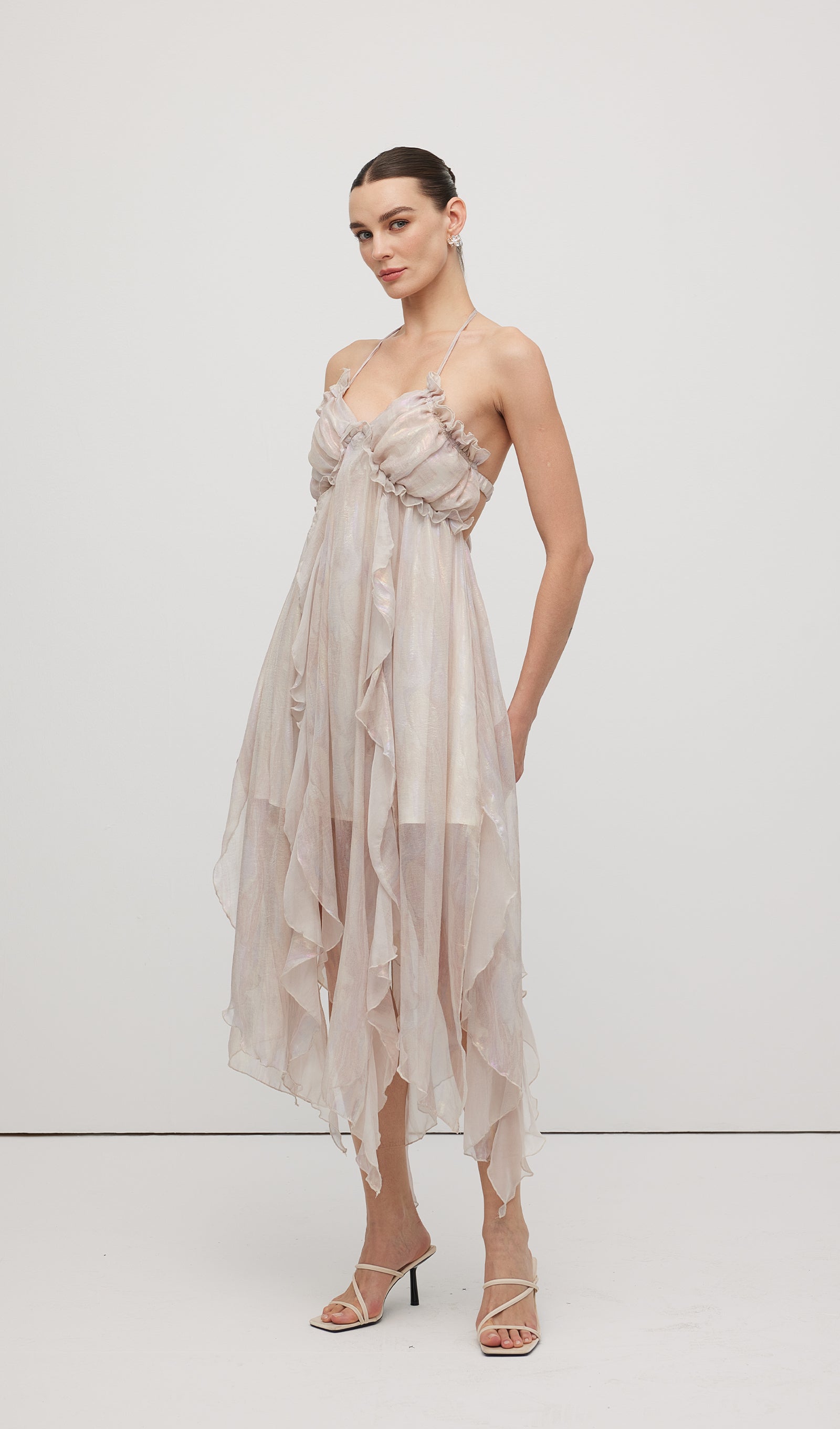 Halter Tulle Pleated Midi Dress In Pink