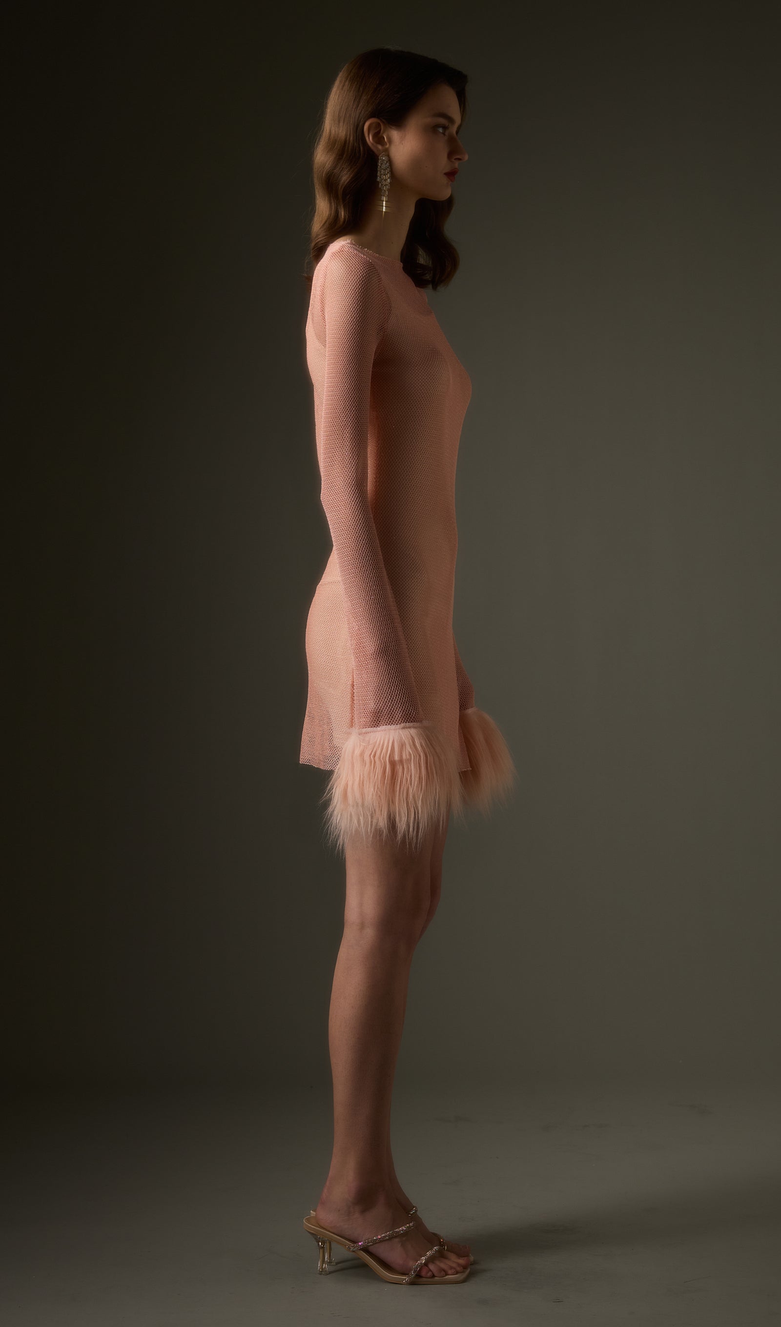 Sheer Rhinestone Mini Dress in Pink