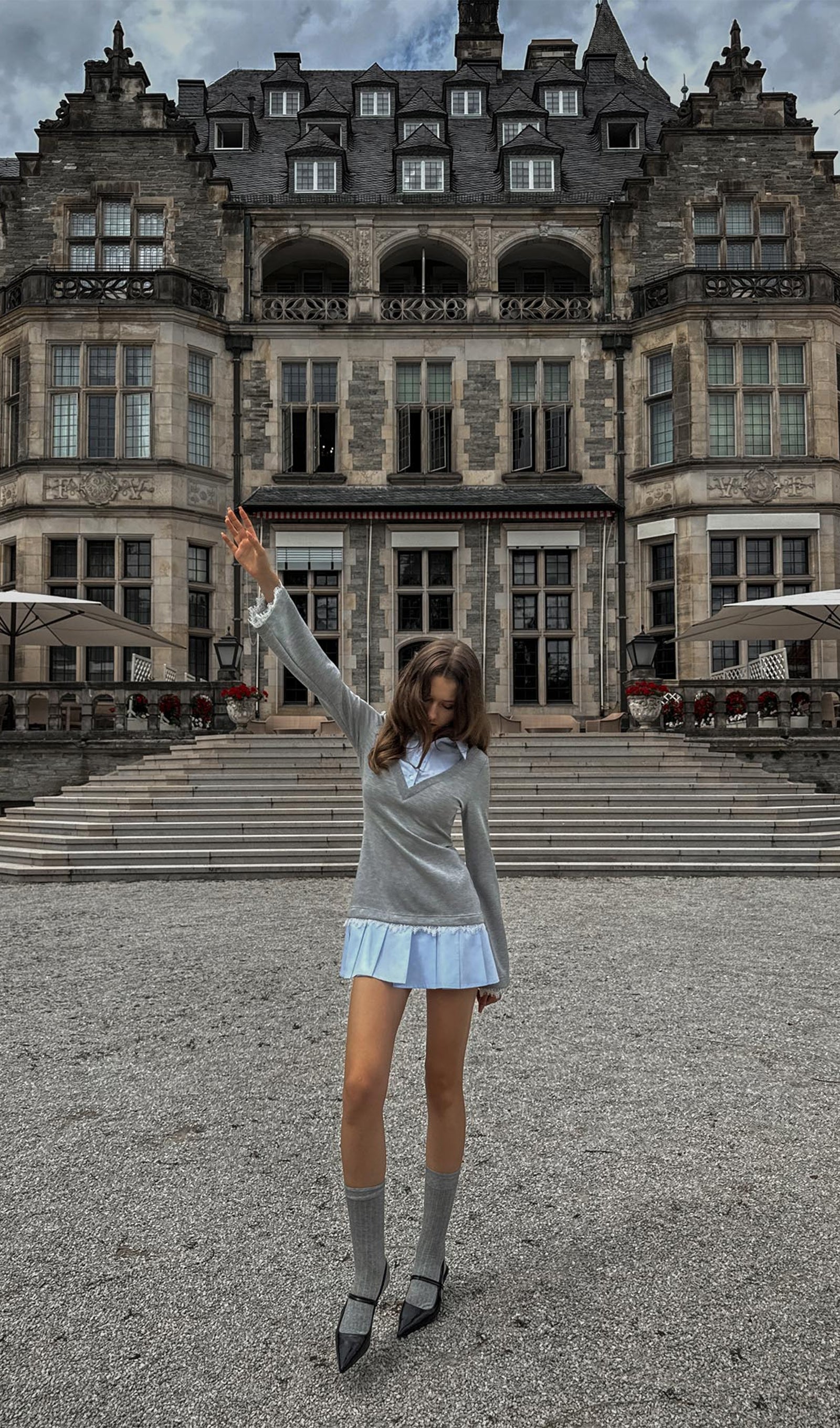 Shirt With Imitation Lace Decor Mini Dress In Grey