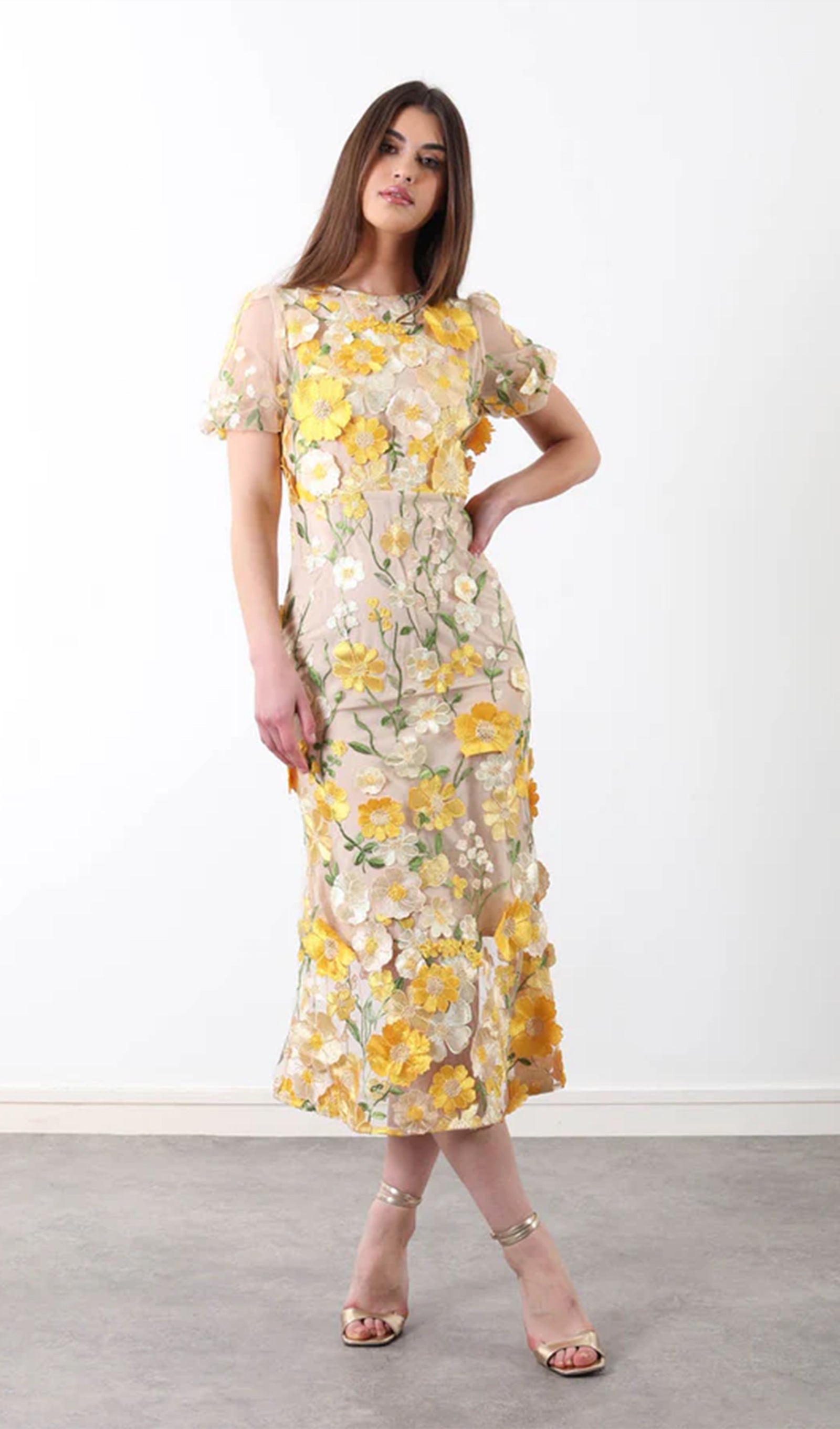 Floral 3D Lace Midi Dress In Yellow