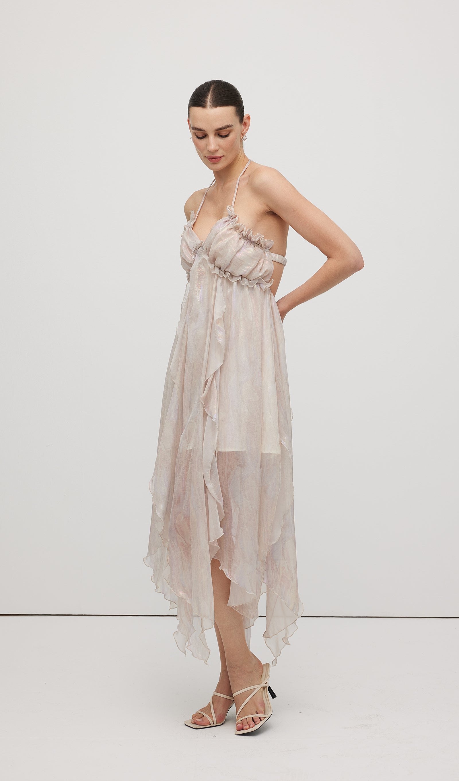 Halter Tulle Pleated Midi Dress