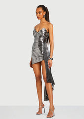 Strapless Metallic Pleated Mini Dress In Silver