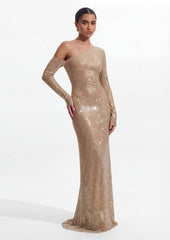 Diamante Long Sleeve Maxi Dress In Nude