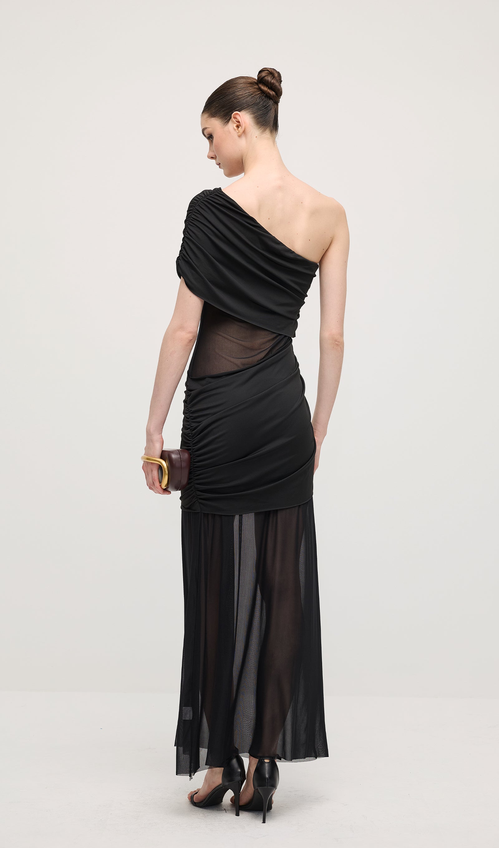 One Shoulder Mesh Maxi Dress In Black