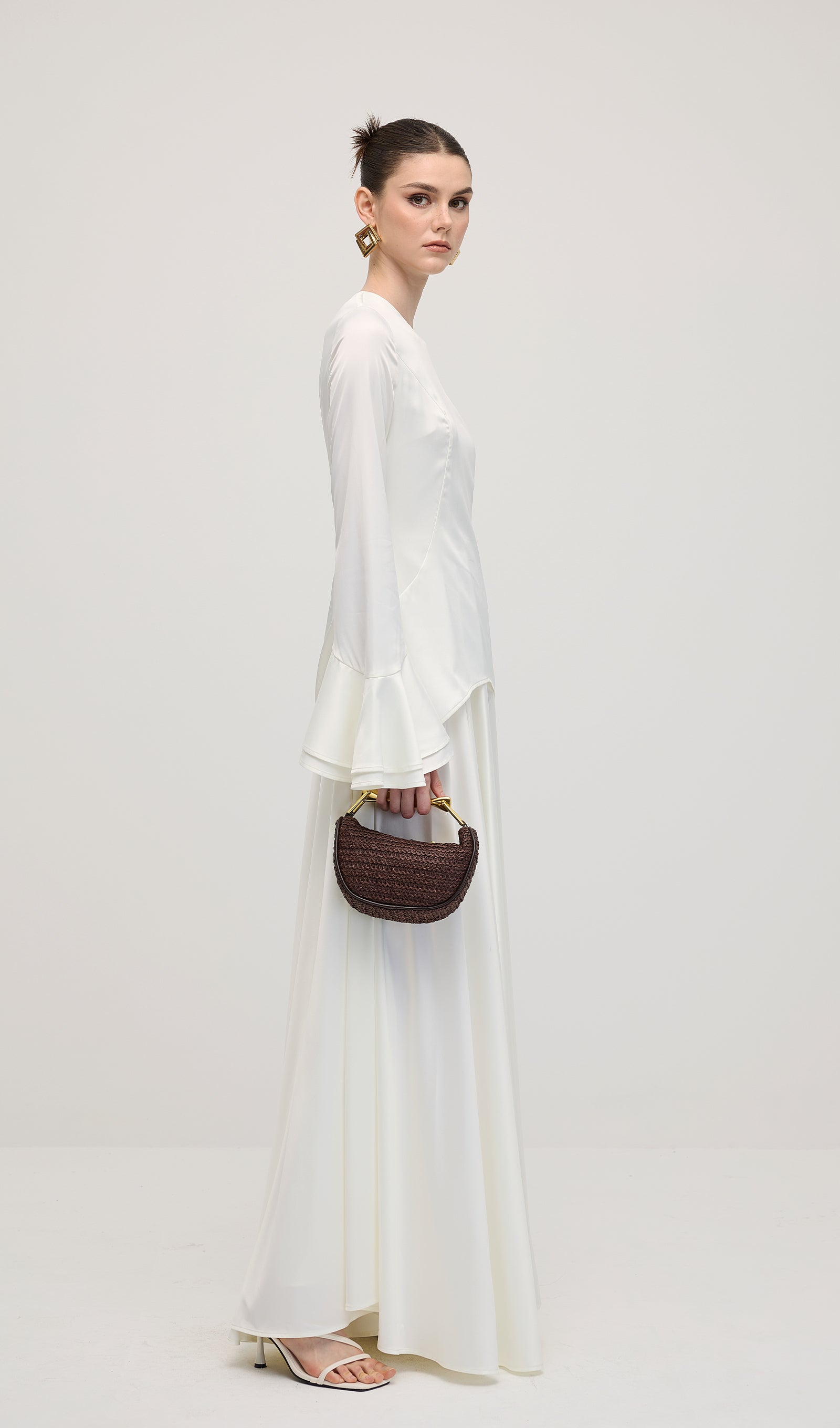 Asymmetrical Draped Bodice Ruffle Maxi Dress