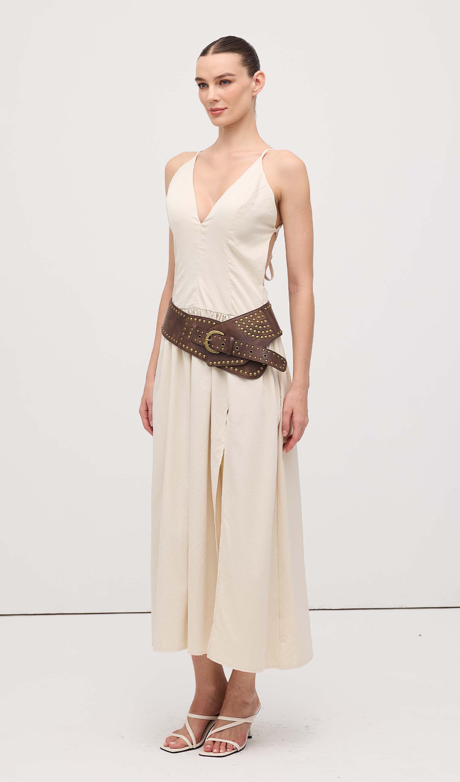 Slit Sleeveless Midi Dress With Belt