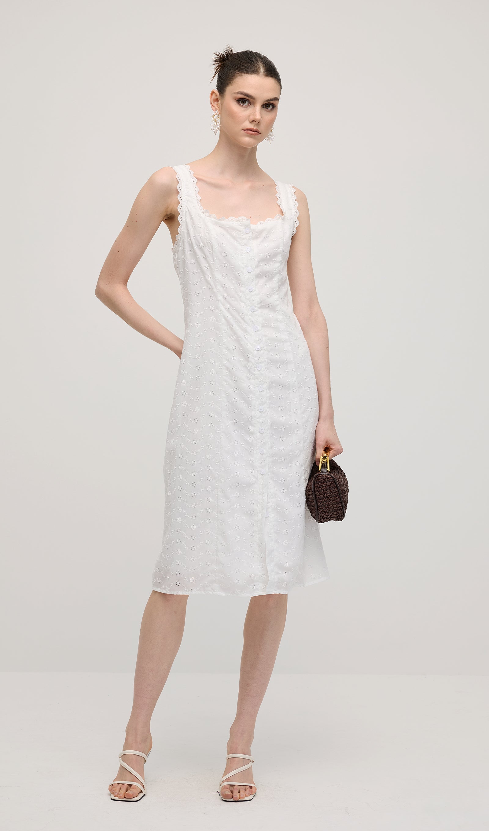Solid Eyelet Sleeveless Midi Dress