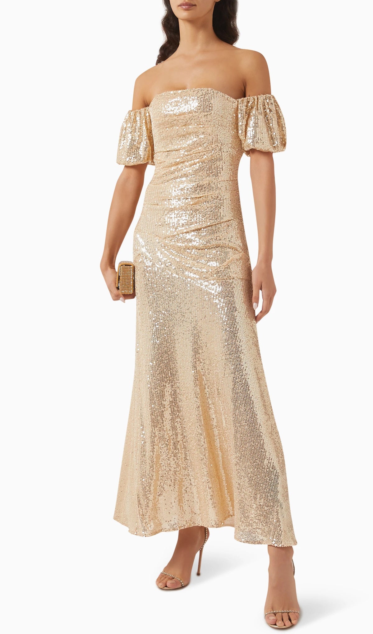 Off Shoulder Stretch Sequin Maxi Dress In Gold