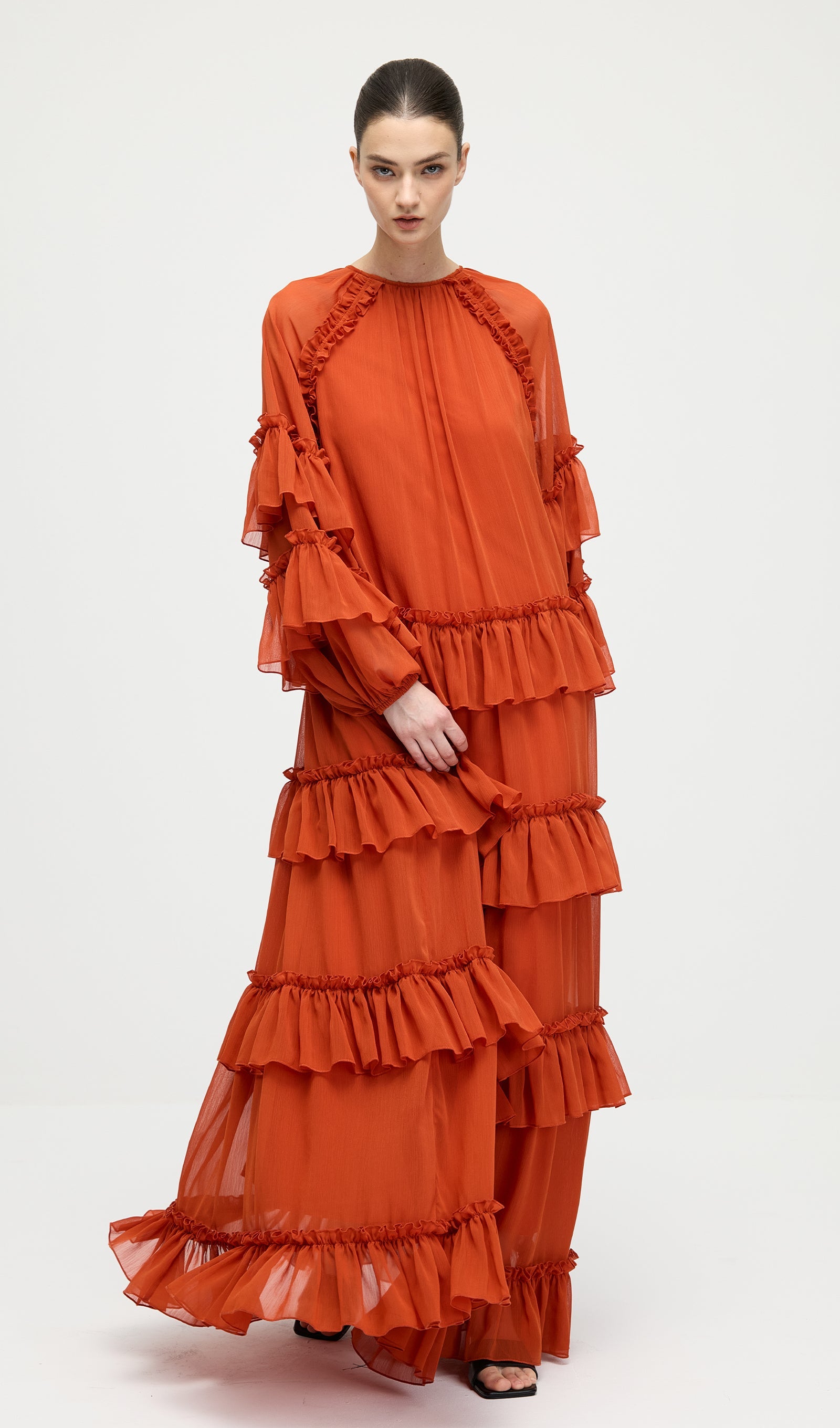Ruffle Tiered Puff Sleeve Maxi Dress