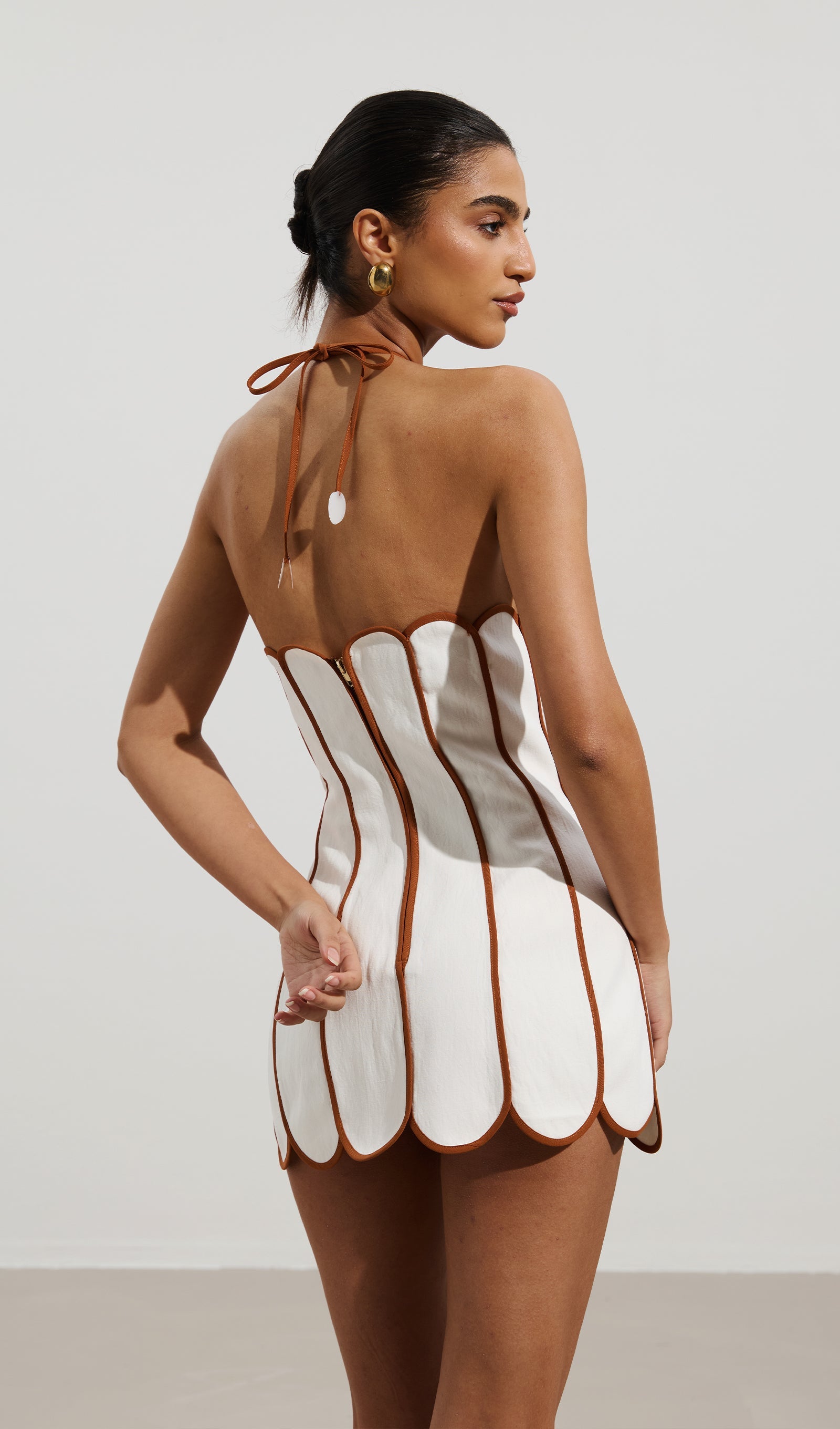 Solid Scalloped Linen Halter Mini Dress