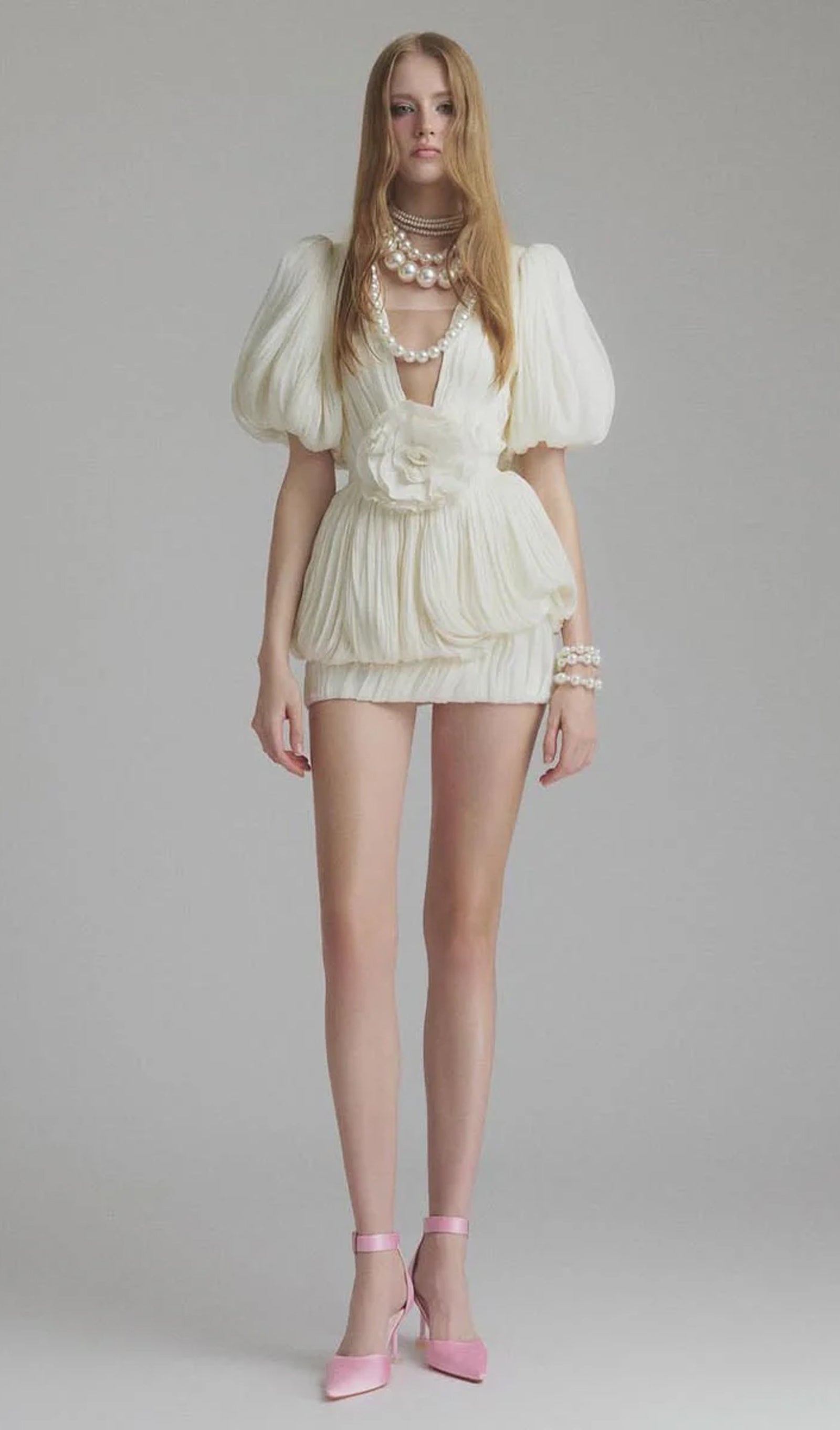 V Neck 3D Floral Pleated Mini Dress