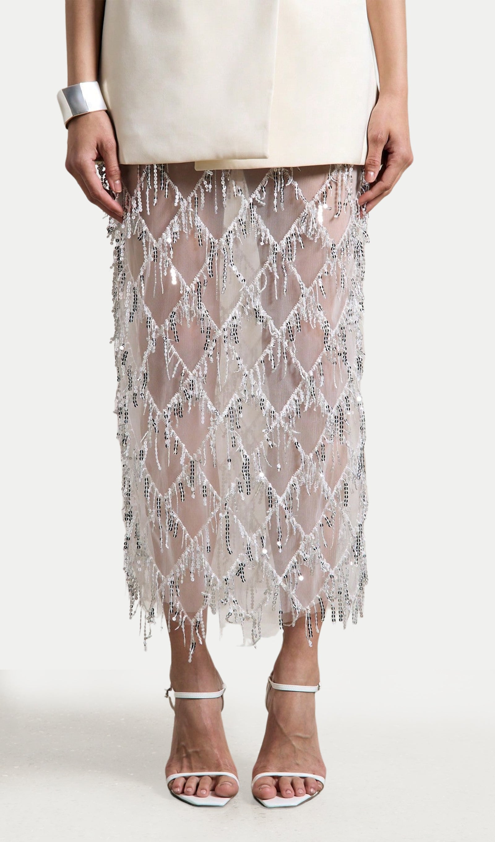 Sheer Sequined Midi Skirt In White