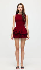 Velvet Tiered Mini Dress In Red