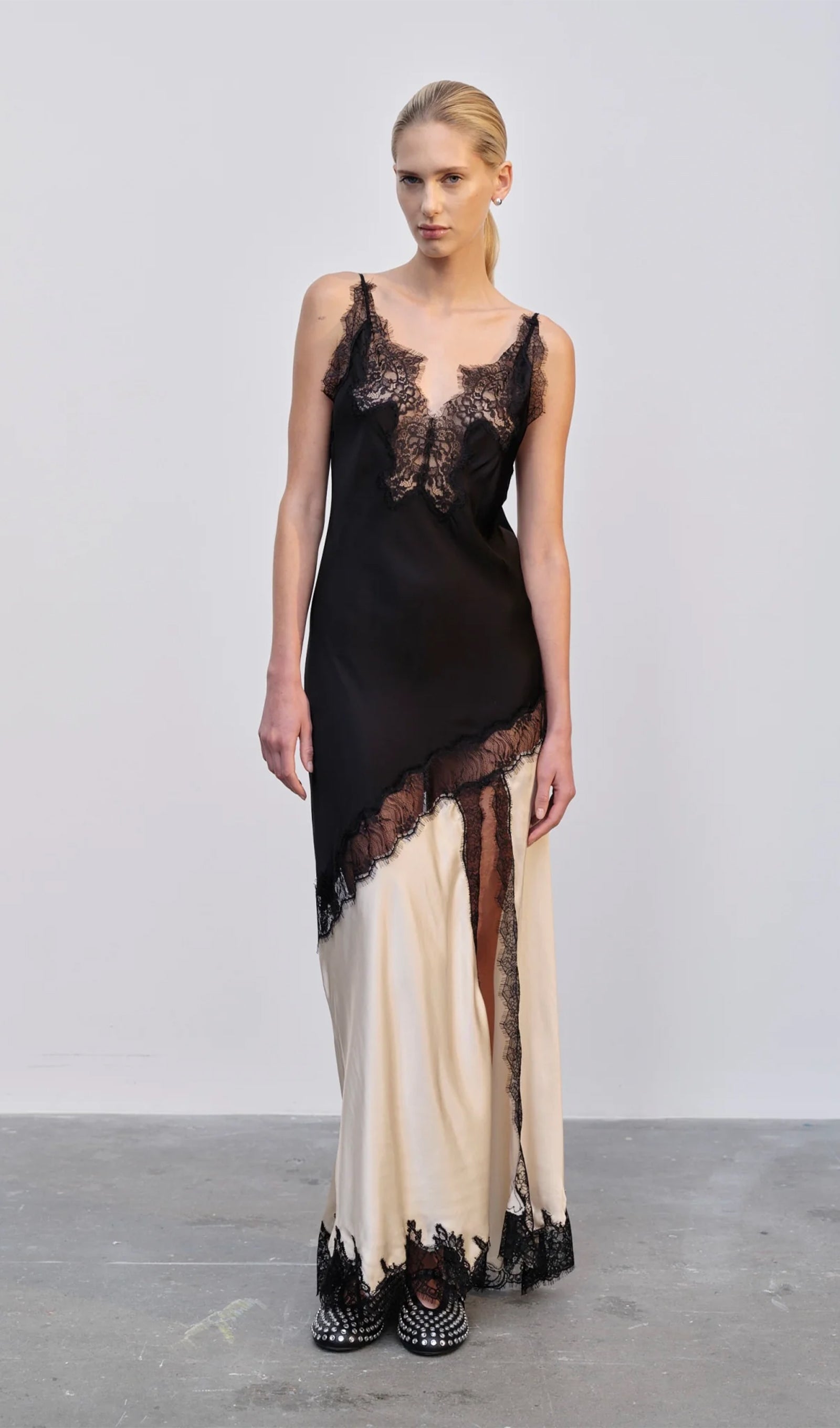 Diagonal Lace Slit Maxi Dress