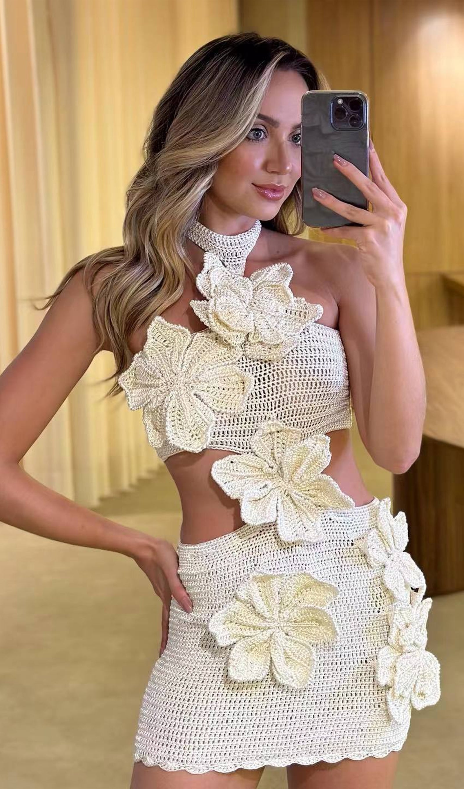 Knitted Flowers Hollow Out Mini Dress In White/Black