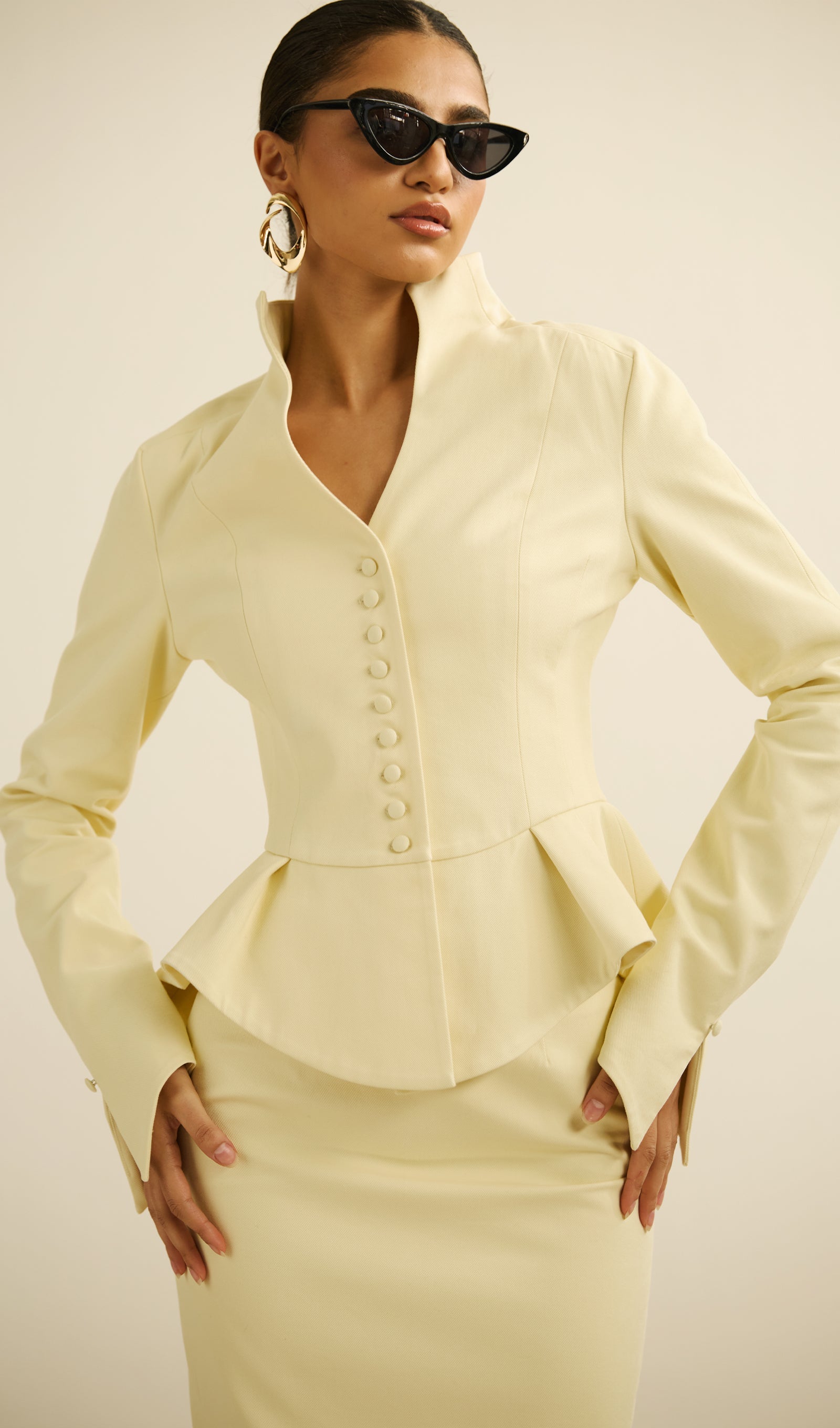 Solid Peplum Jacket & Slit Midi Skirt Set