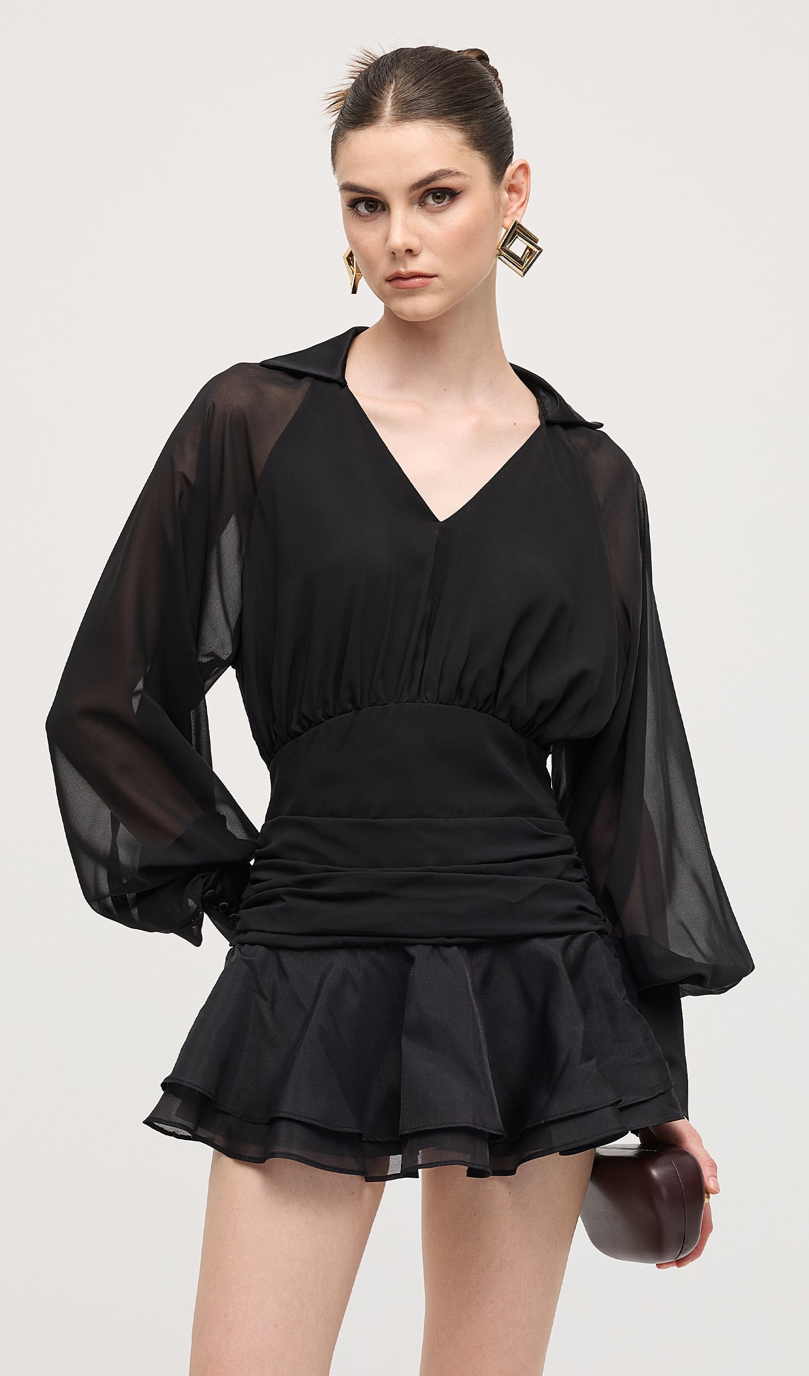 Solid Lantern Sleeve Mini Dress In Black