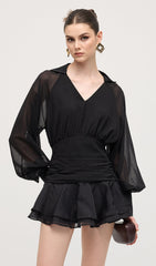 Solid Lantern Sleeve Mini Dress In Black