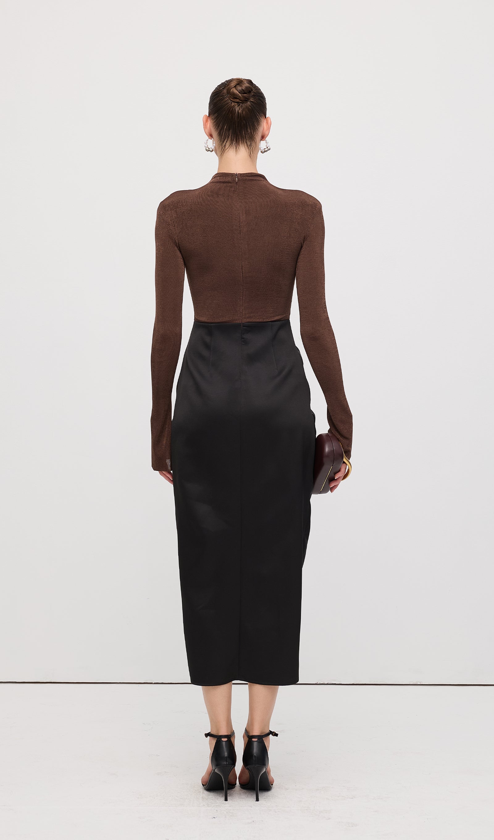 Asymmetrical Pleat Maxi Dress Brown