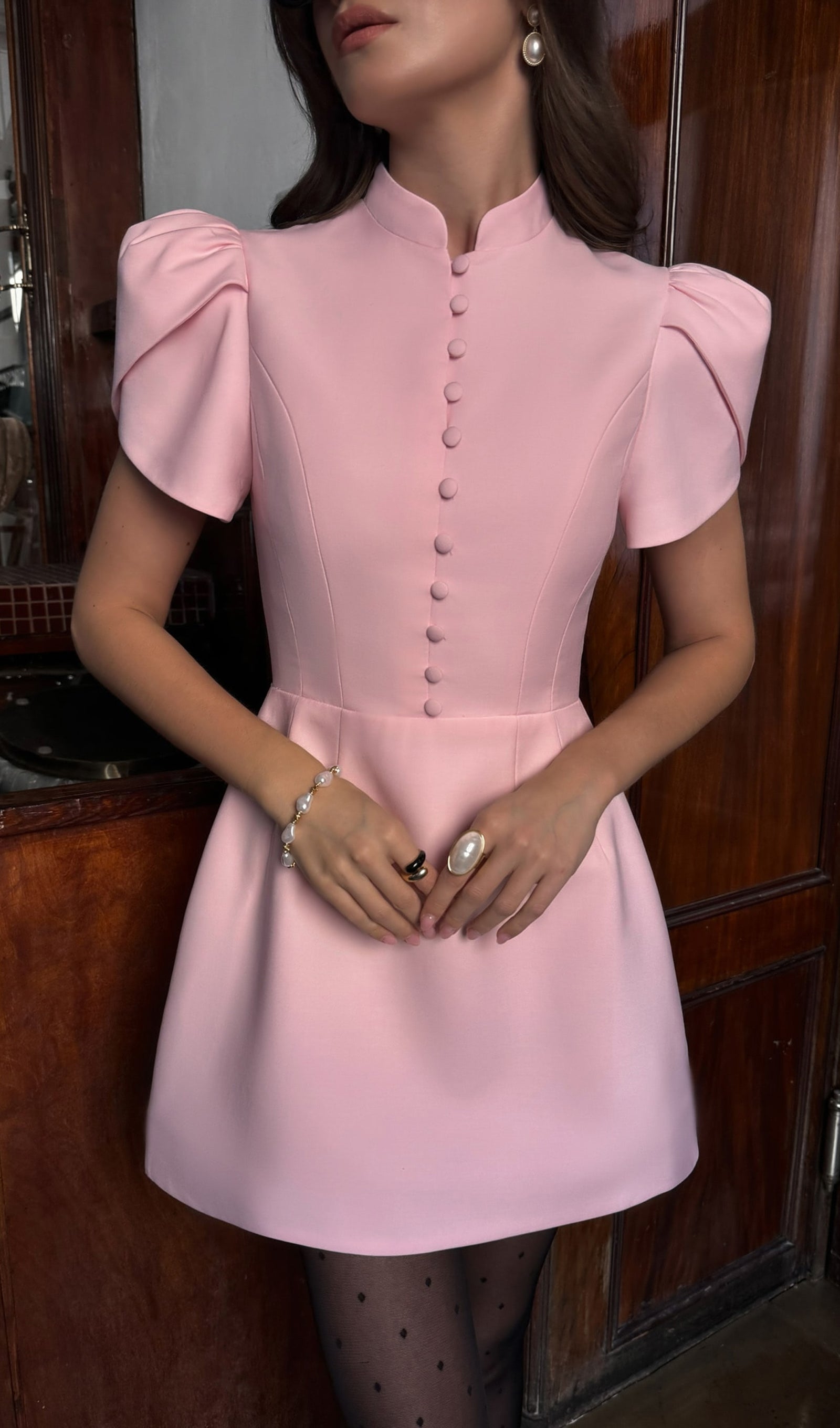 Mini Dress With High Collar In Pink