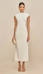 Knit Deep Cowl Back Midi Dress In White