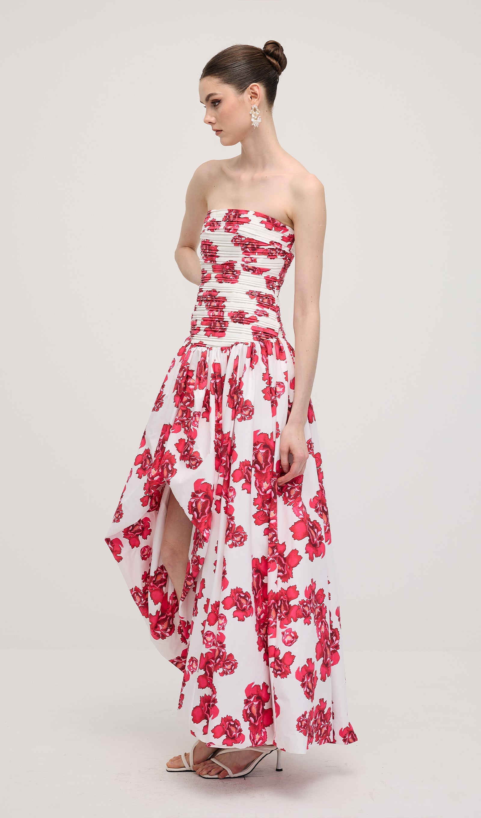 Sleeveless Ruched Draped Split Maxi Dress In Red Print