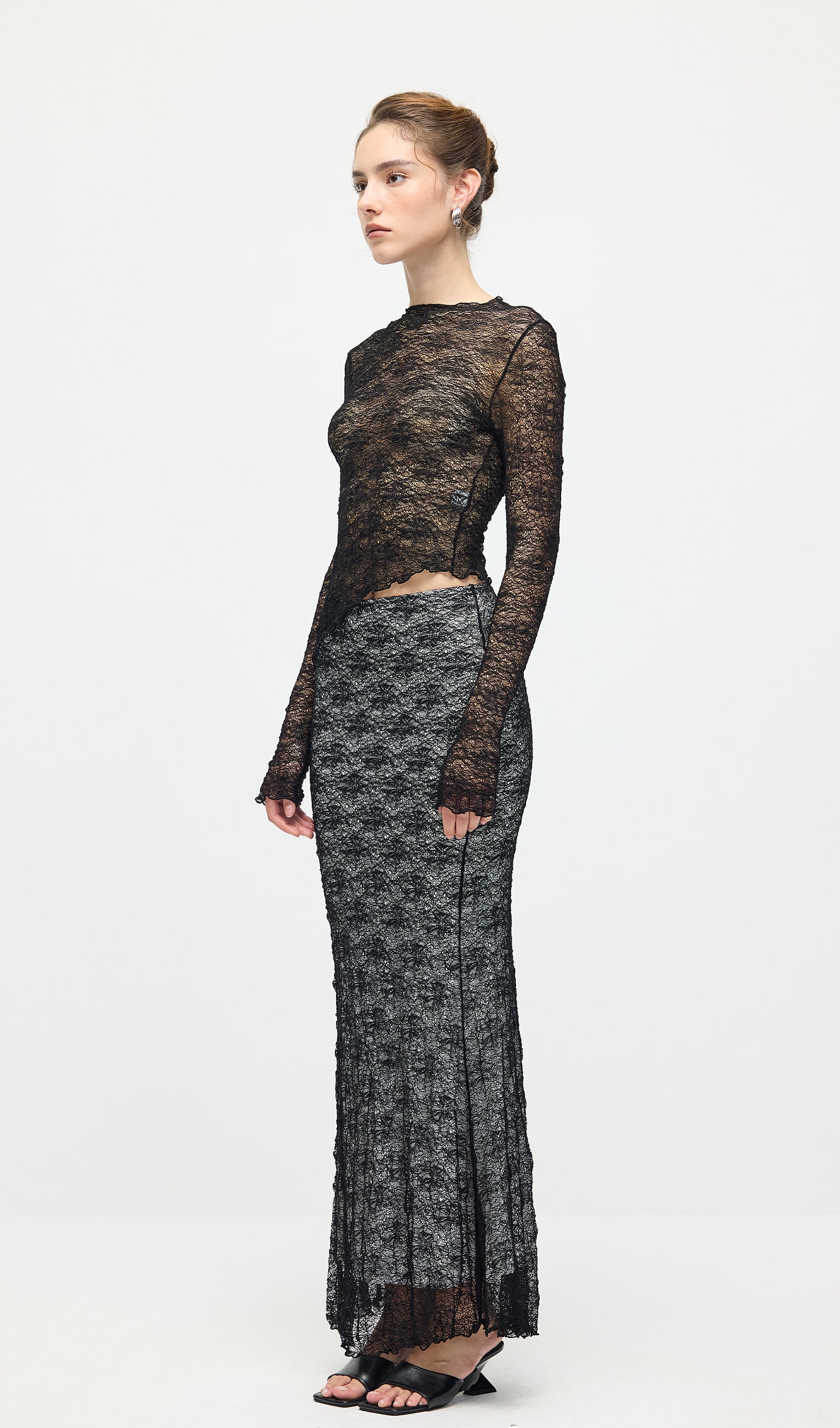 Sheer Lace Top & Maxi Skirt Sets In Black