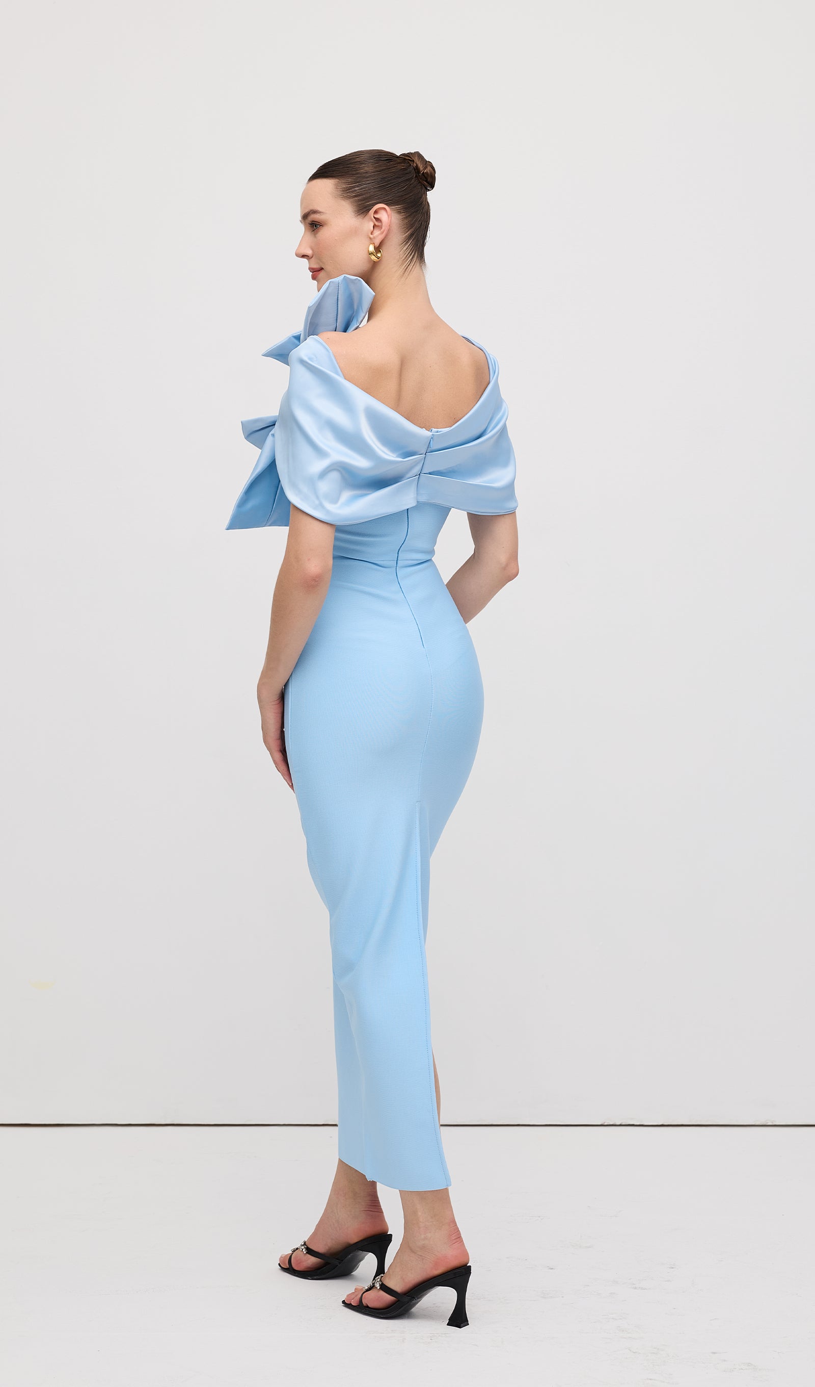 Shawl Strapless Collar Satin Maxi Dress