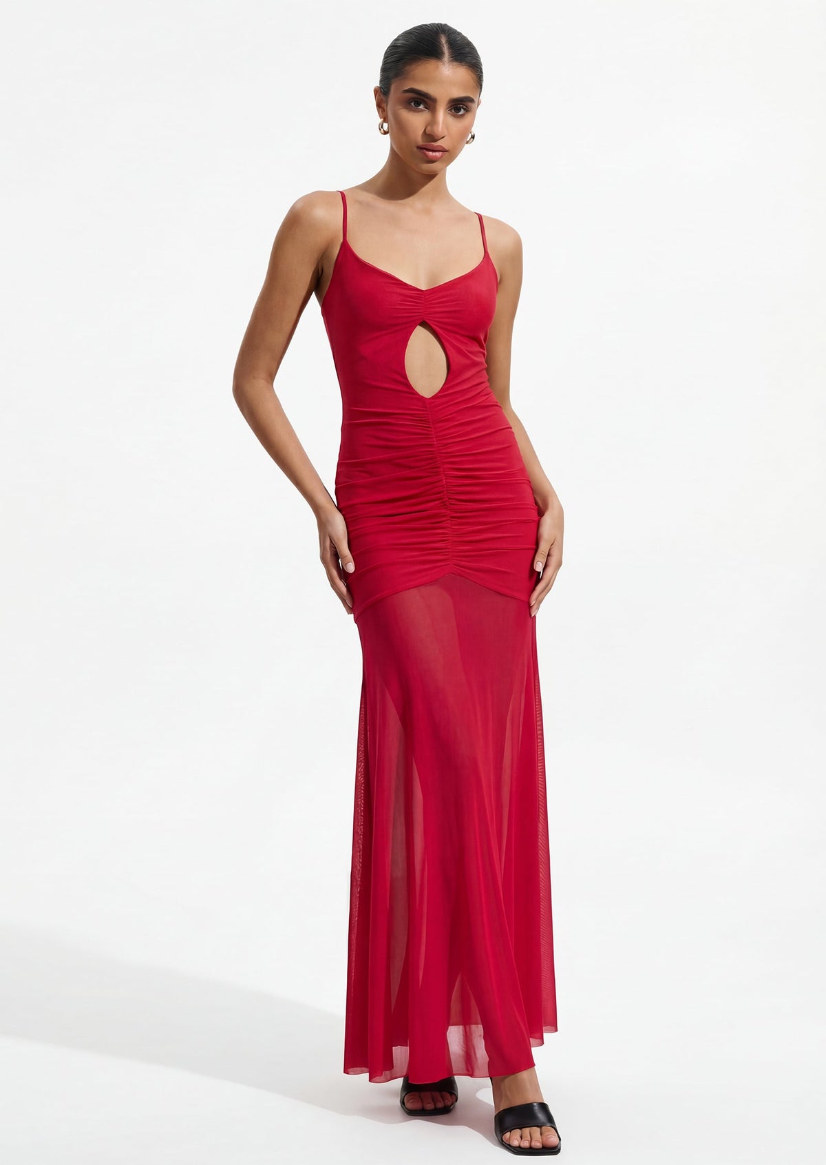 Slinky And Mesh Maxi Dress In Red