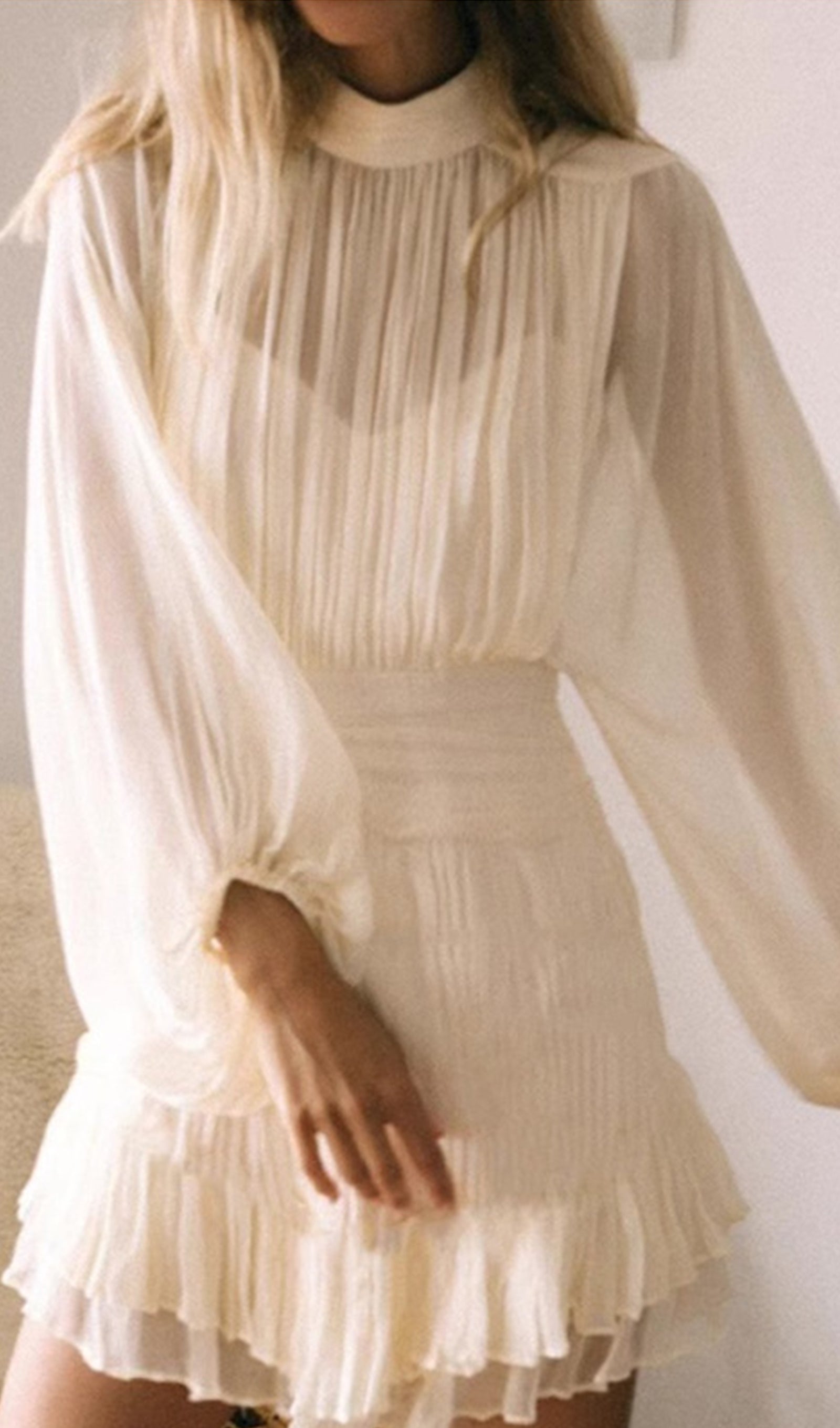 Puff Sleeve Ruched Ruffle Mesh Mini Dress