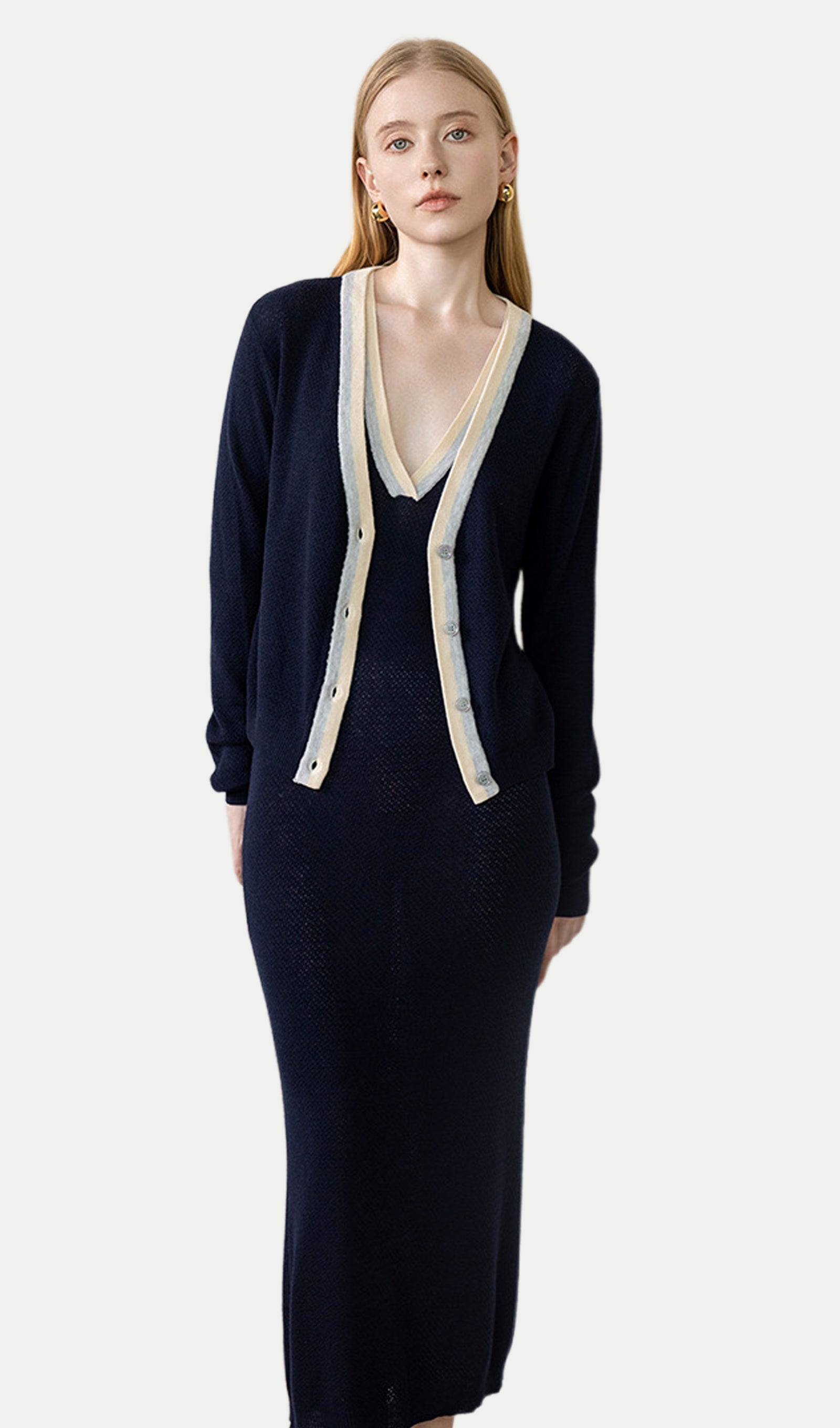 V Neck Color-Blocked Dress & Cardigan Set