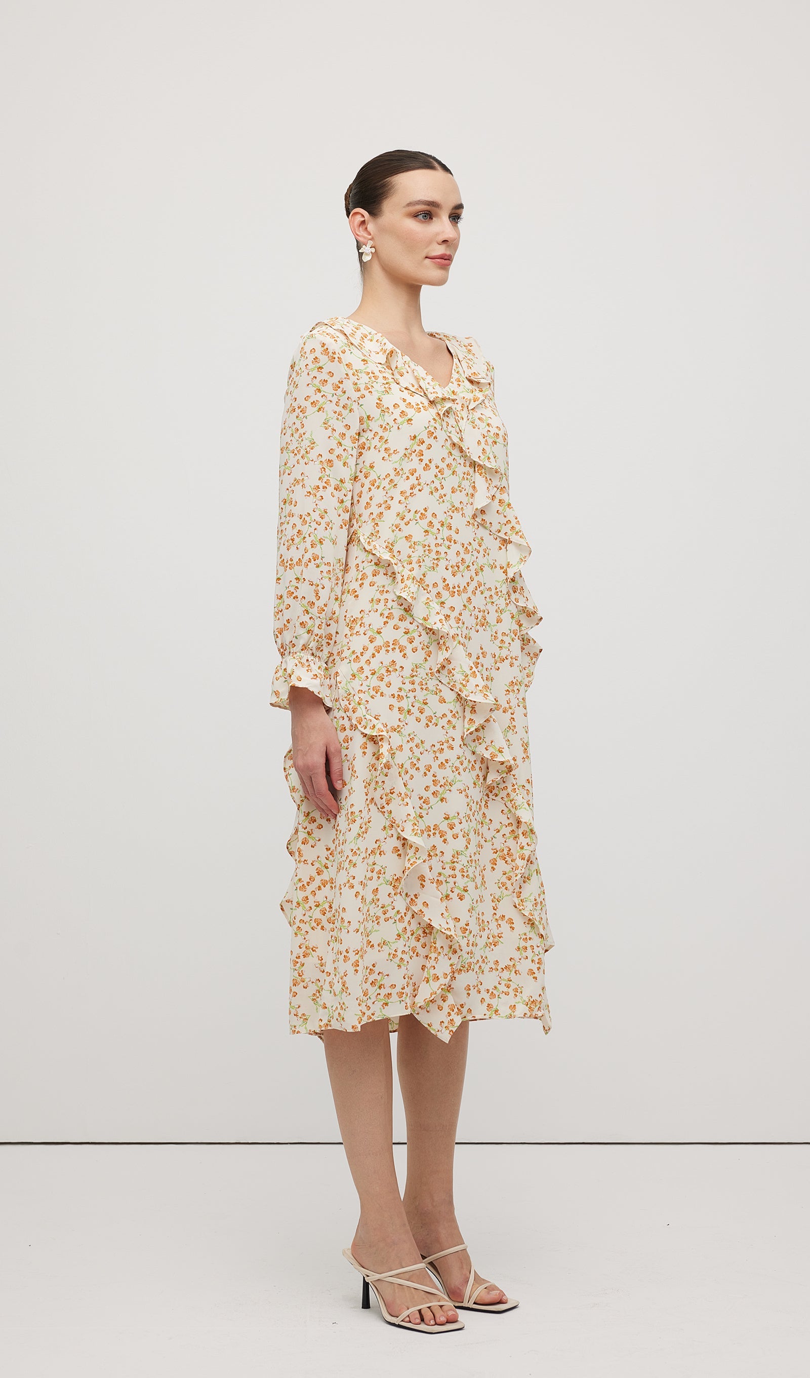 Floral V Neck Ruffled Midi Dress