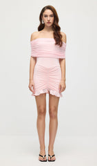 Slinky And Mesh Off Shoulder Mini Dress In Pale Pink