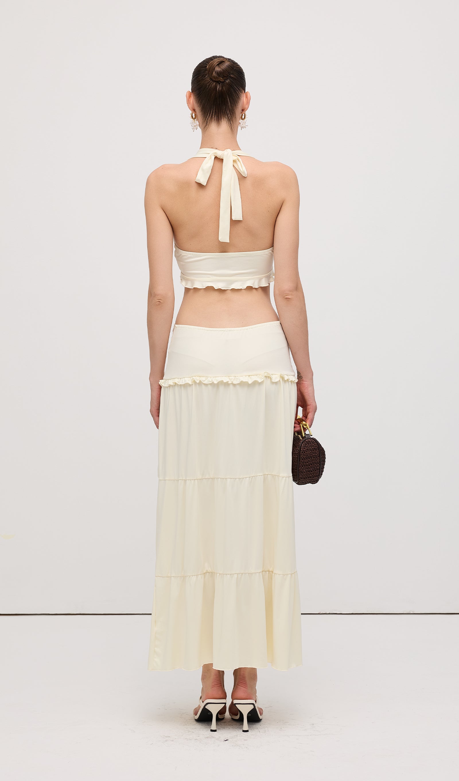 Halter Top & Twist Ruffled Maxi Skirt Sets White