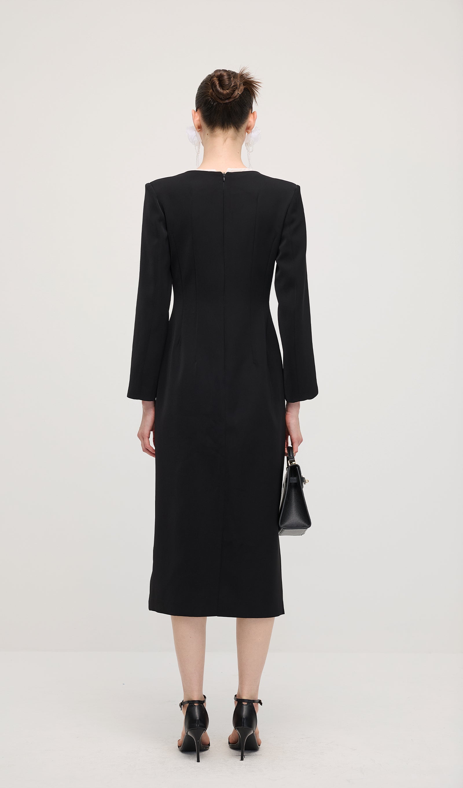 Slit Square Shoulder Midi Dress In Black