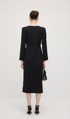 Slit Square Shoulder Midi Dress In Black