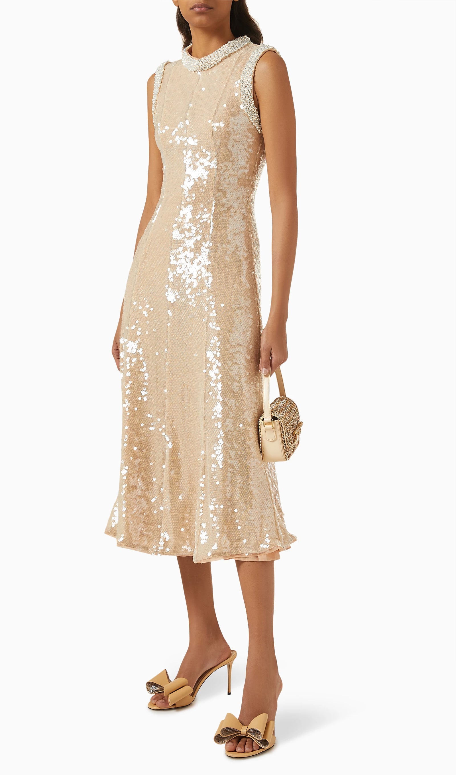 Sequin Embellished Pearl Trim Midi Dress