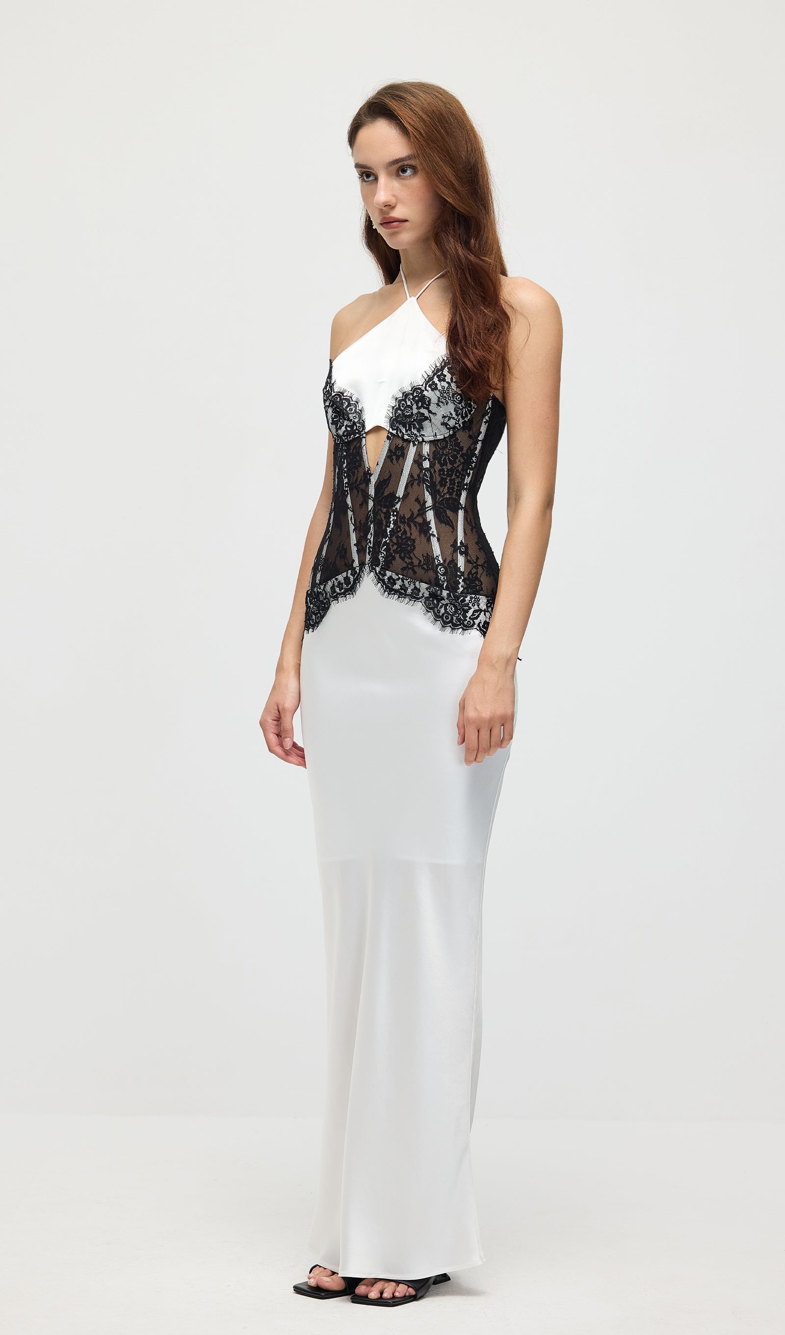 Satin And Lace Corset Midi Dress In White