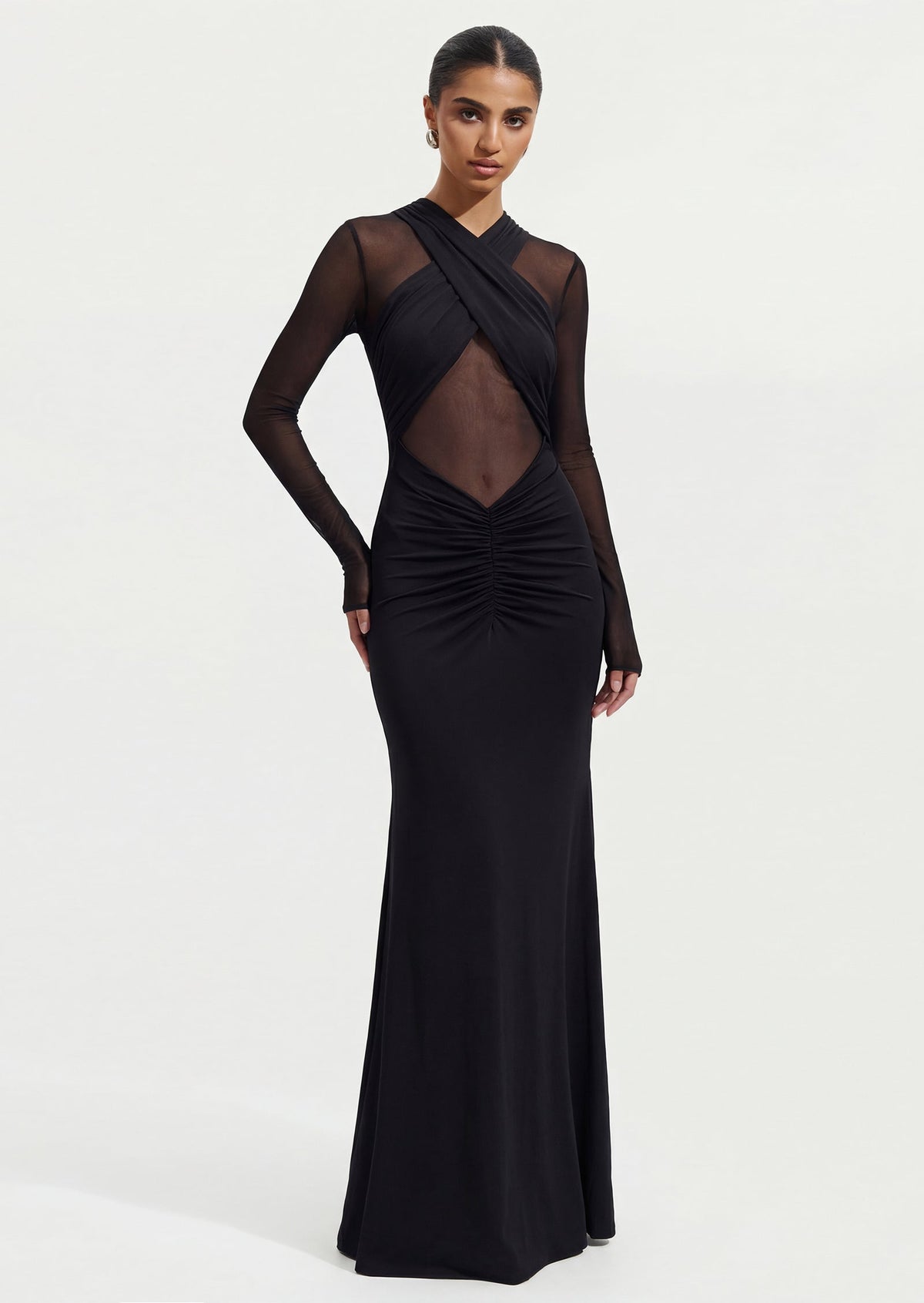 Slinky And Mesh Long Sleeve Maxi Dress In Black