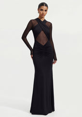 Slinky And Mesh Long Sleeve Maxi Dress In Black