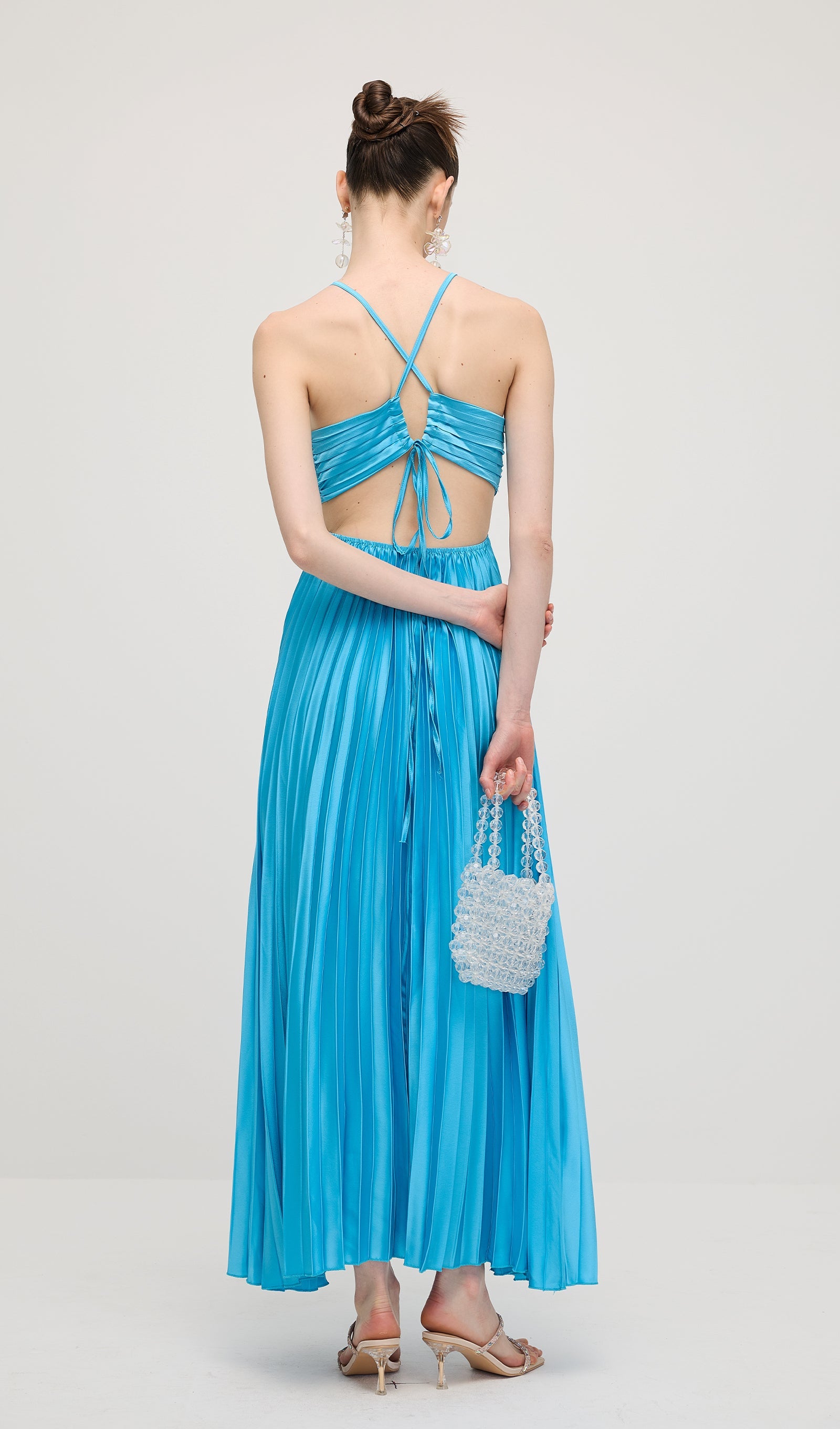 Solid Cut Out Tie Back Plisse Maxi Dress In Blue