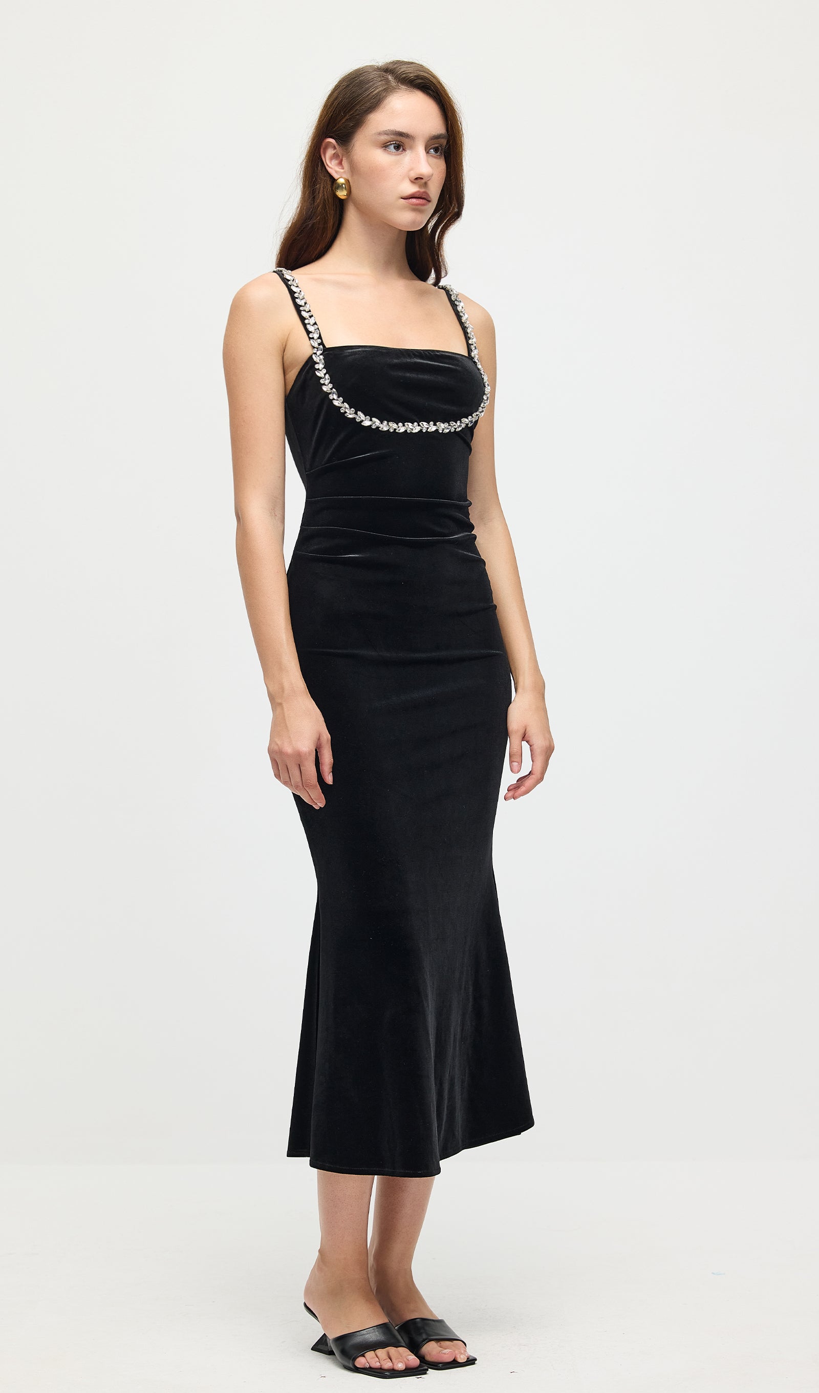 Embellished Sleeveless Velvet Midi Dress In Black