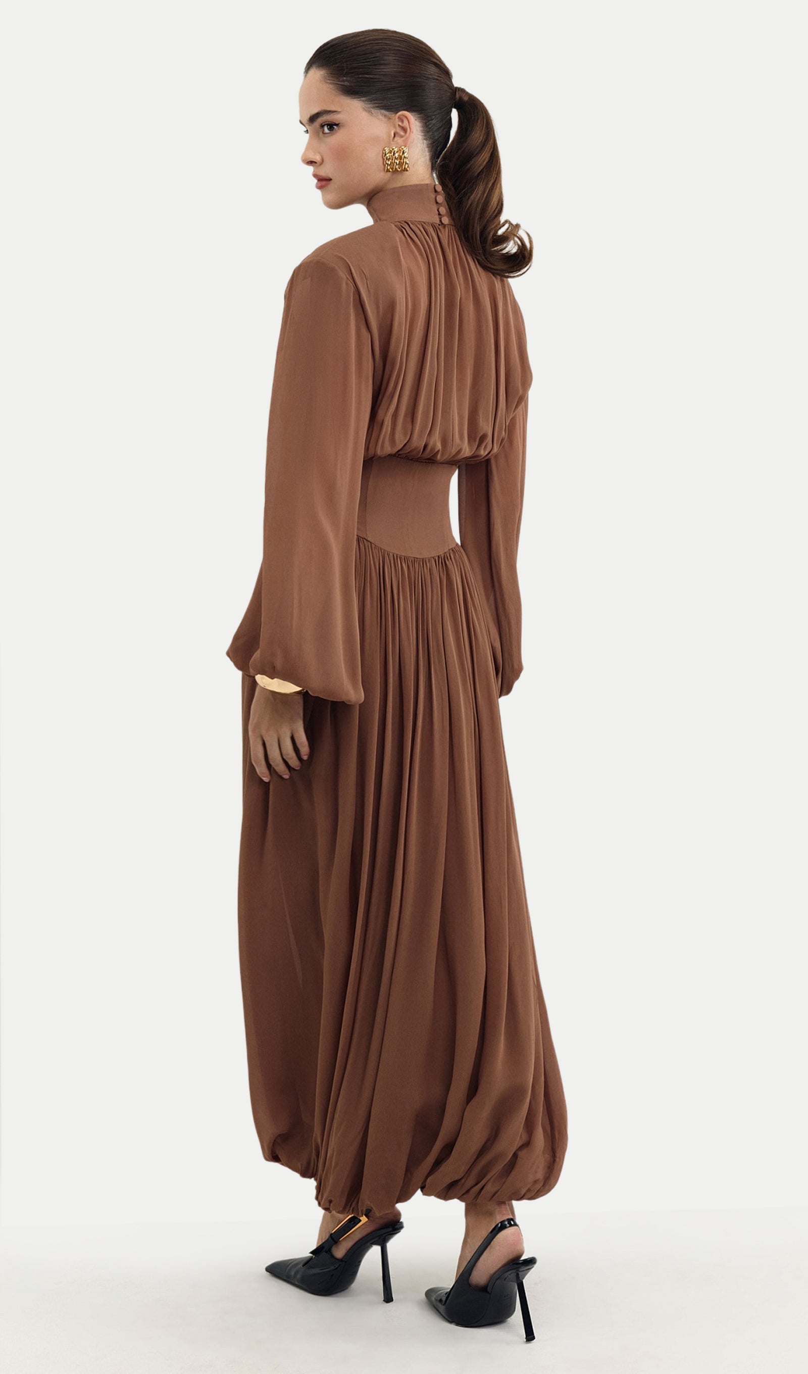 Long Sleeve Chiffon Midi Dress With Gathered