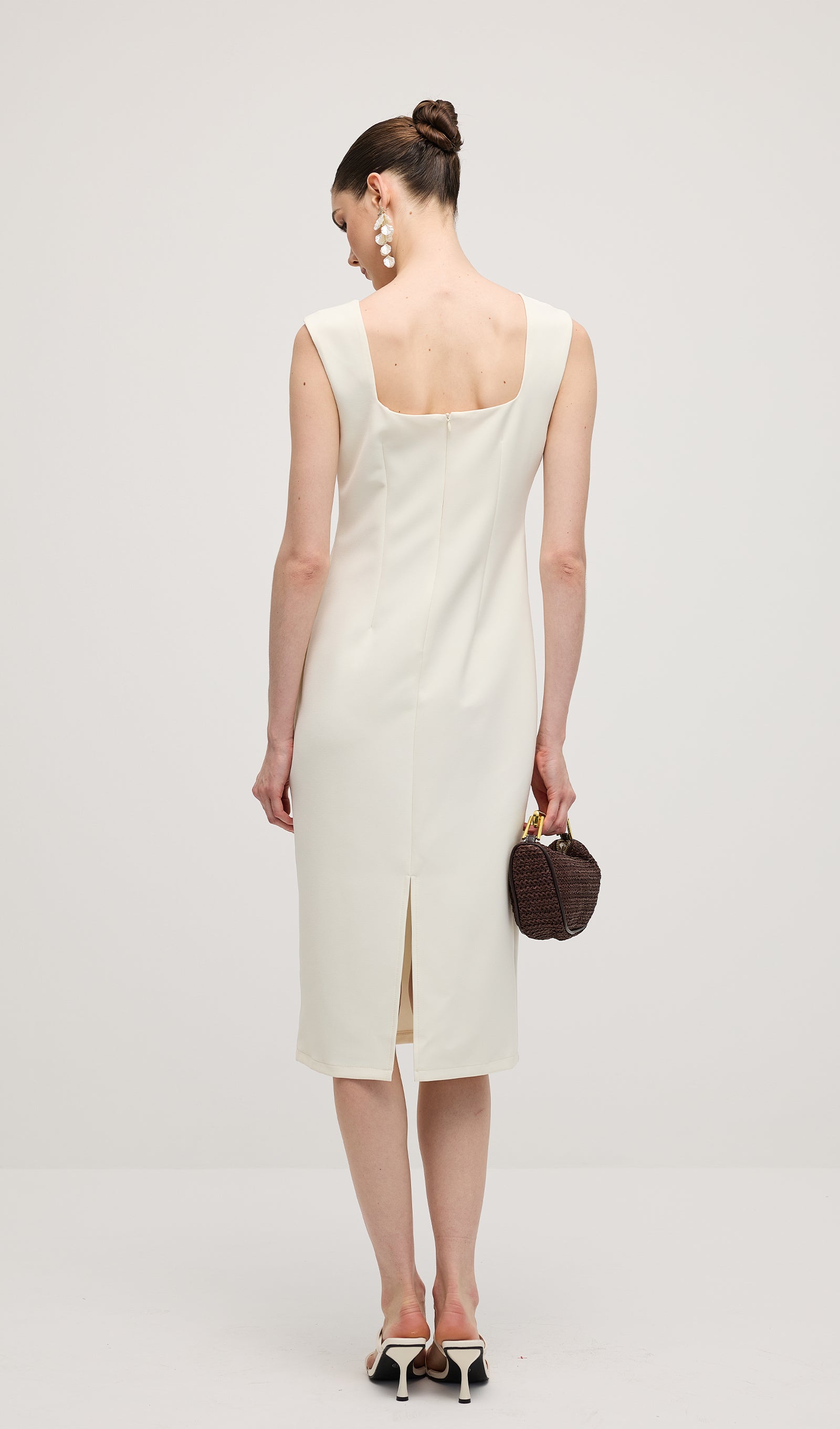 Square Neck 3D Petal Appliques Midi Dress