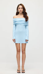 Off Shoulder Rib Knit Mini Dress In Baby Blue