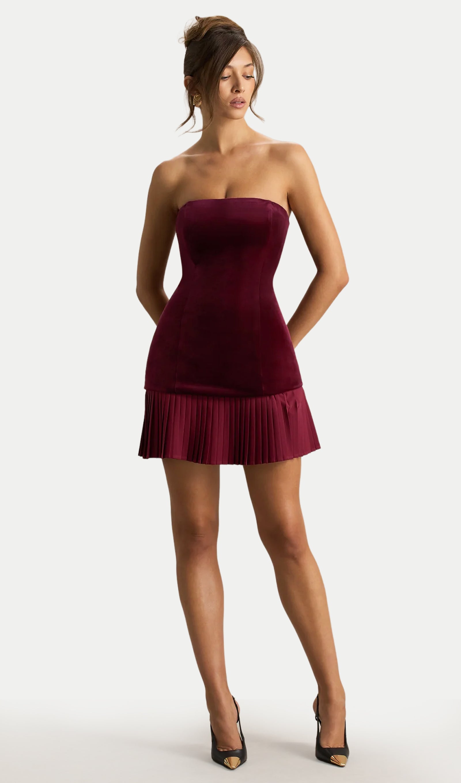 Velvet Bandeau Mini Dress With Pleated