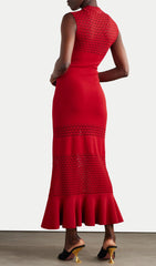 Paneled Knitted Midi Dress In Red